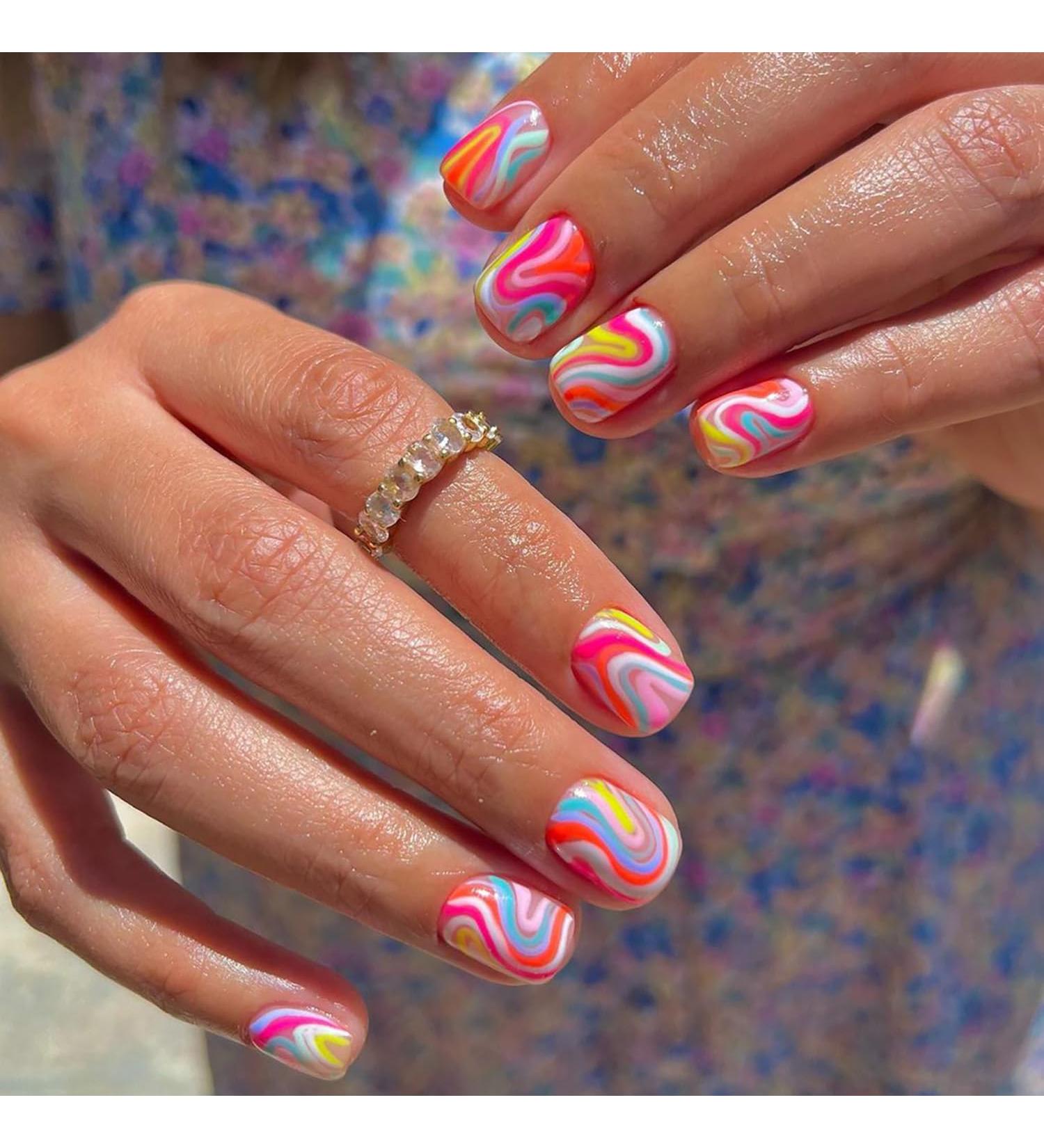 Vezocim Press on Nails - 24PCS Glossy Short Coffin Nails with Colorful Wavy Line Designs | Extra Short Acrylic Fake Nails for Women - Buy Online on GoSupps.com