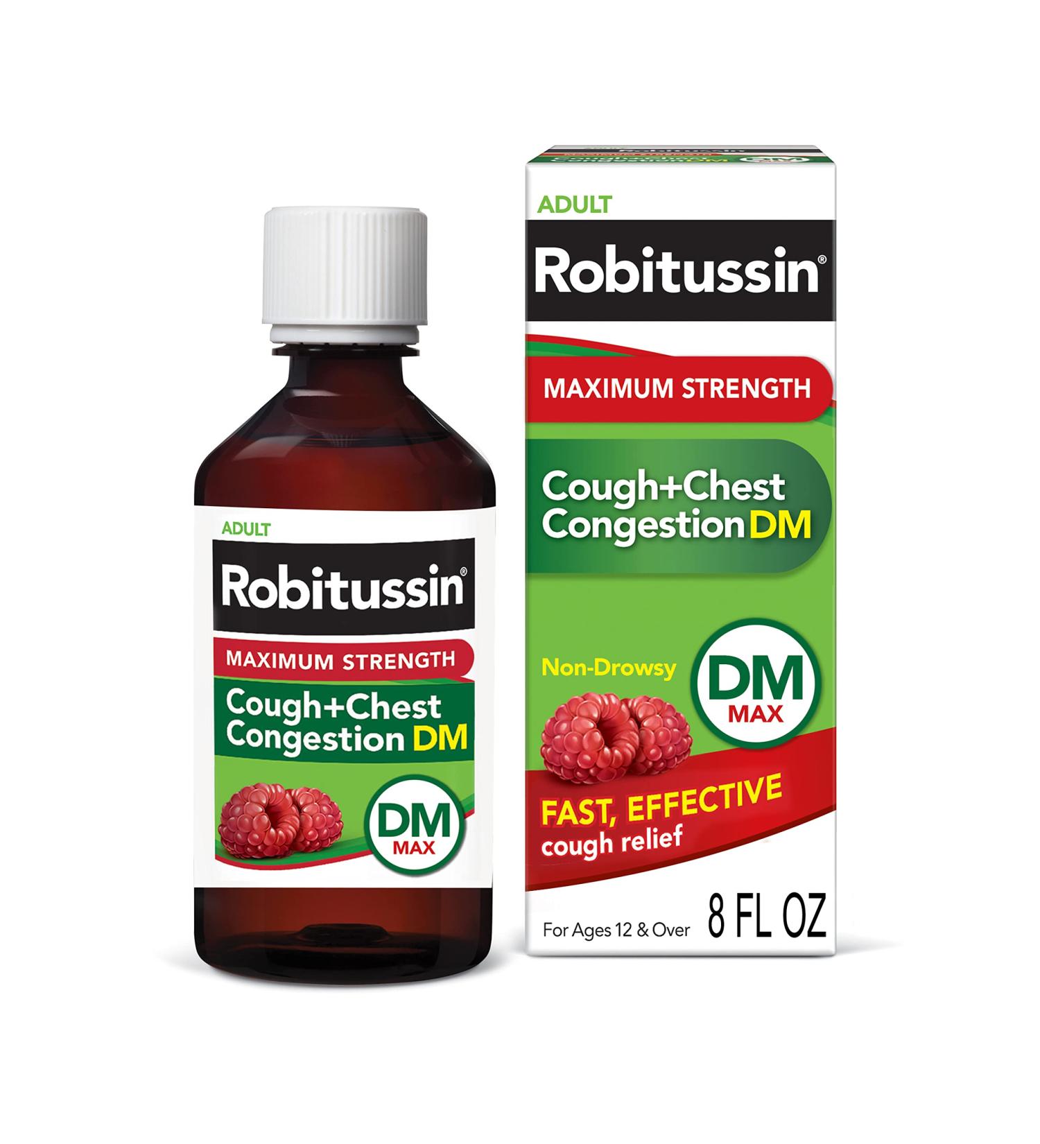 Robitussin Adult Maximum Strength Cough + Chest Congestion DM Max - 8 fl. oz. Bottle - Non-Drowsy Cough Suppressant & Expectorant - Raspberry Flavor - Buy Online on GoSupps.com