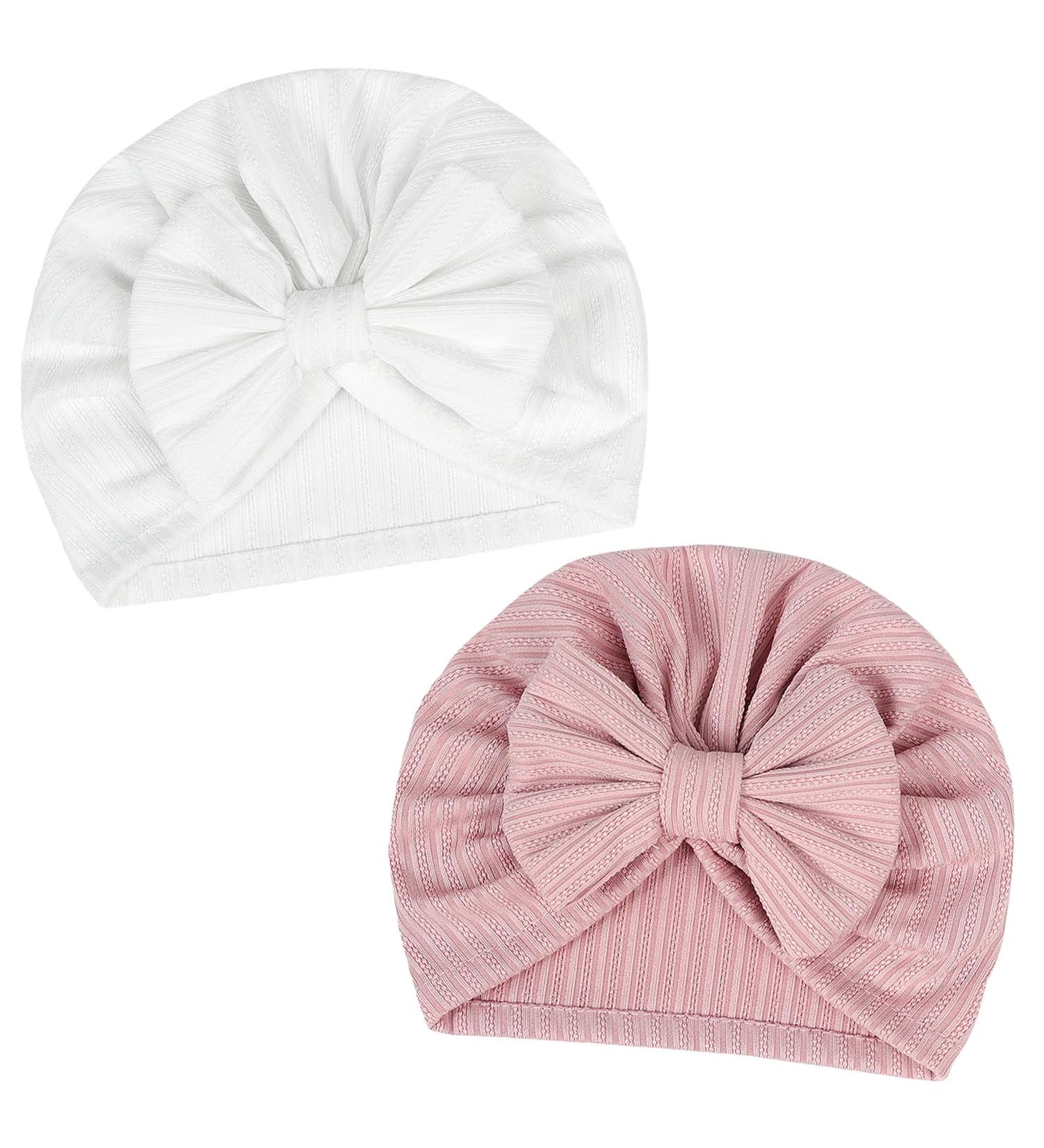 XOKL 2-Piece Soft Stretchy Baby Turban Hats - Newborn Toddler Girl Boy Hat for Kindergarten & Hospital - Pink & White - Buy Online on GoSupps.com