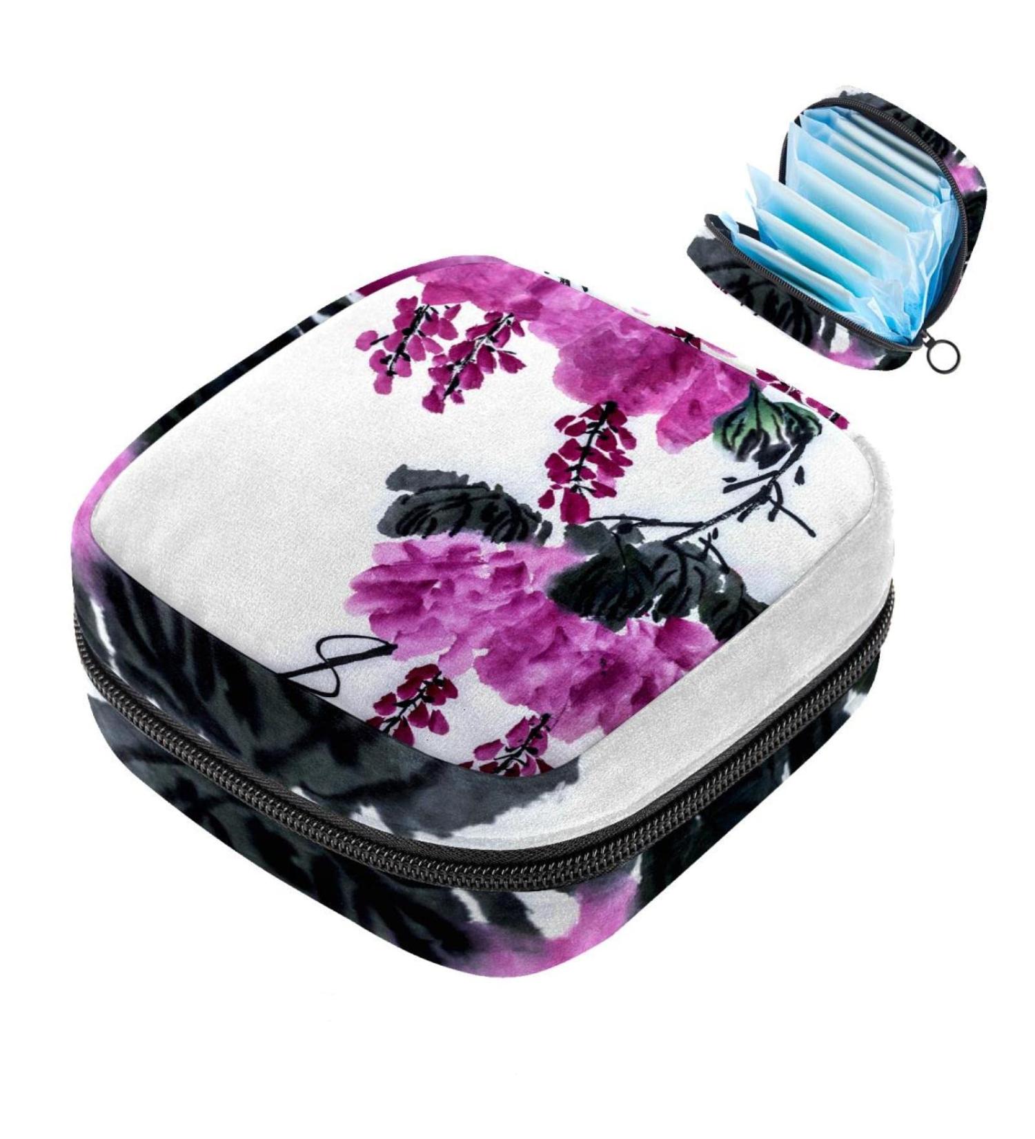 White Flower Ink Painting Tie-Up Menstrual Pad & Cup Bag - Stylish Portable Zipper Bag for Teens & Women | International Shipping - Buy Online on GoSupps.com
