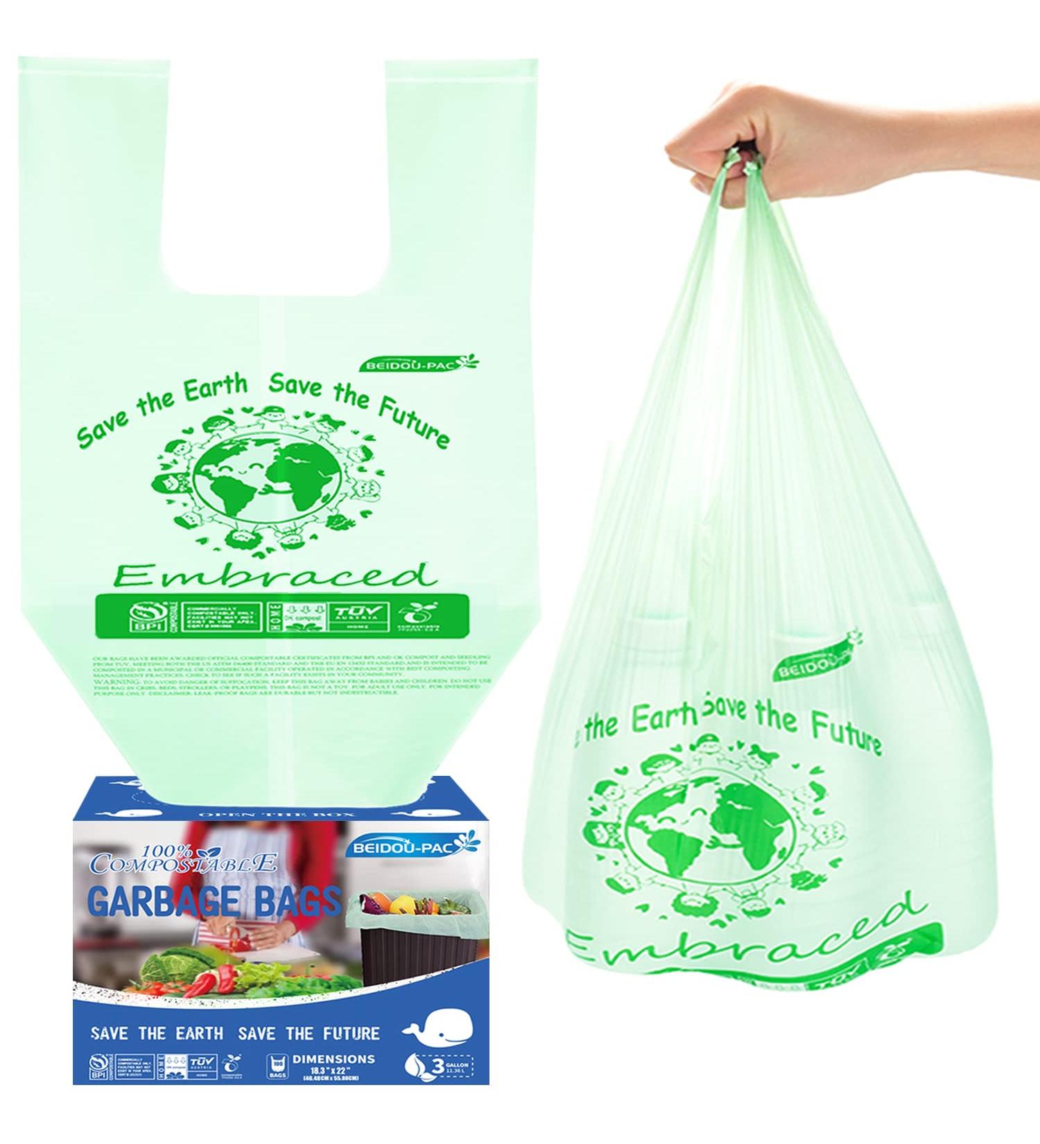 BEIDOU-PAC 3 Gallon Compostable Trash Bags - 100 Count | Biodegradable Kitchen Garbage Bags with Handle | ASTM D6400 & US BPI Certified | Food Scrap Waste Bags - Buy Online on GoSupps.com