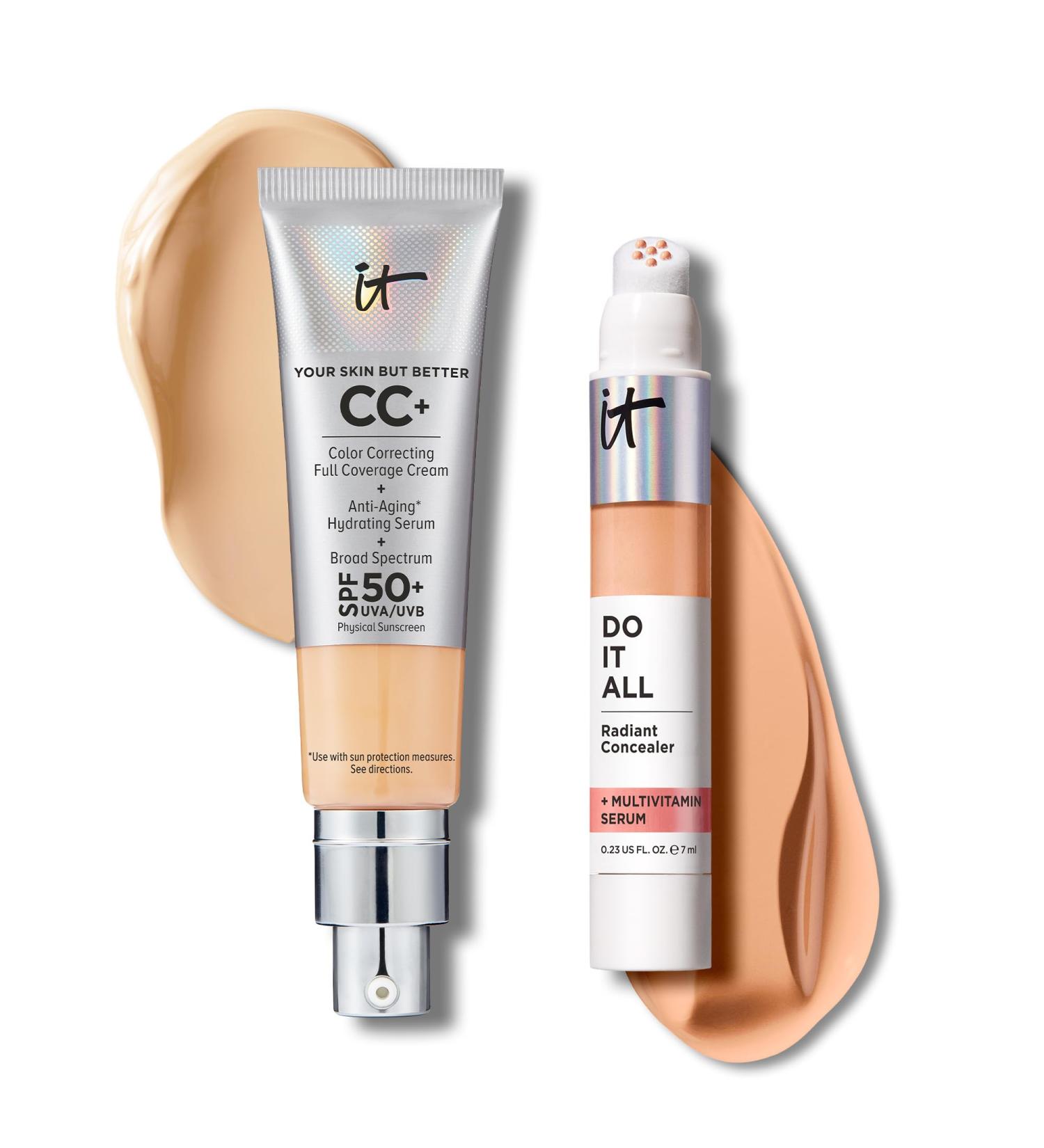 IT Cosmetics CC+ Cream with SPF 50+ Natural Finish Full Coverage Foundation (Medium - 1.08 fl oz) & Do It All Radiant Concealer Multivitamin Serum Makeup (305 Medium Neutral - 0.2 fl oz) - Buy Online on GoSupps.com