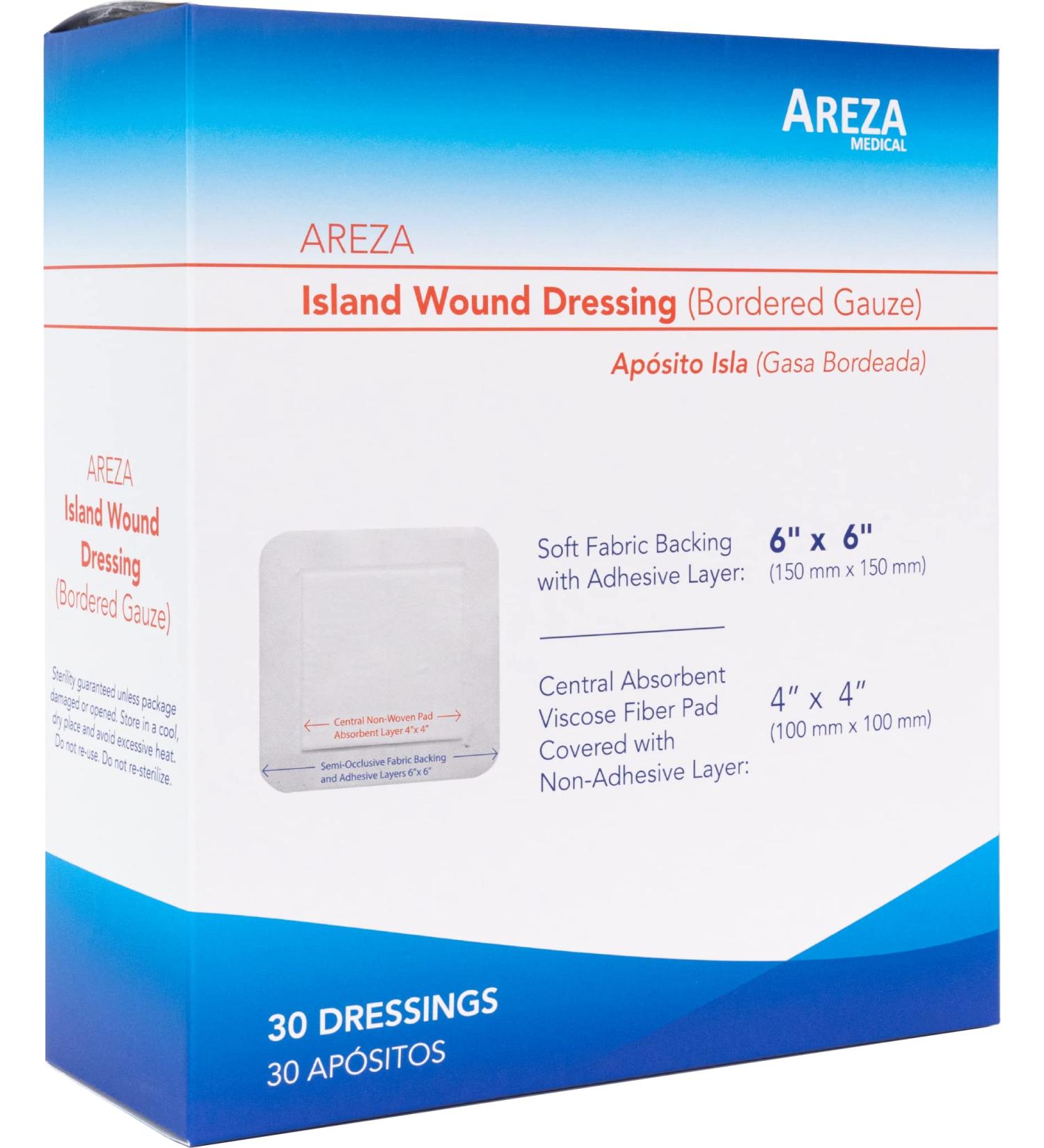 Bordered Gauze Island Dressing | 6 x 6 Sterile Latex Free 30 Per Box | Areza Medical Wound Dressing - 30 Count - Buy Online on GoSupps.com