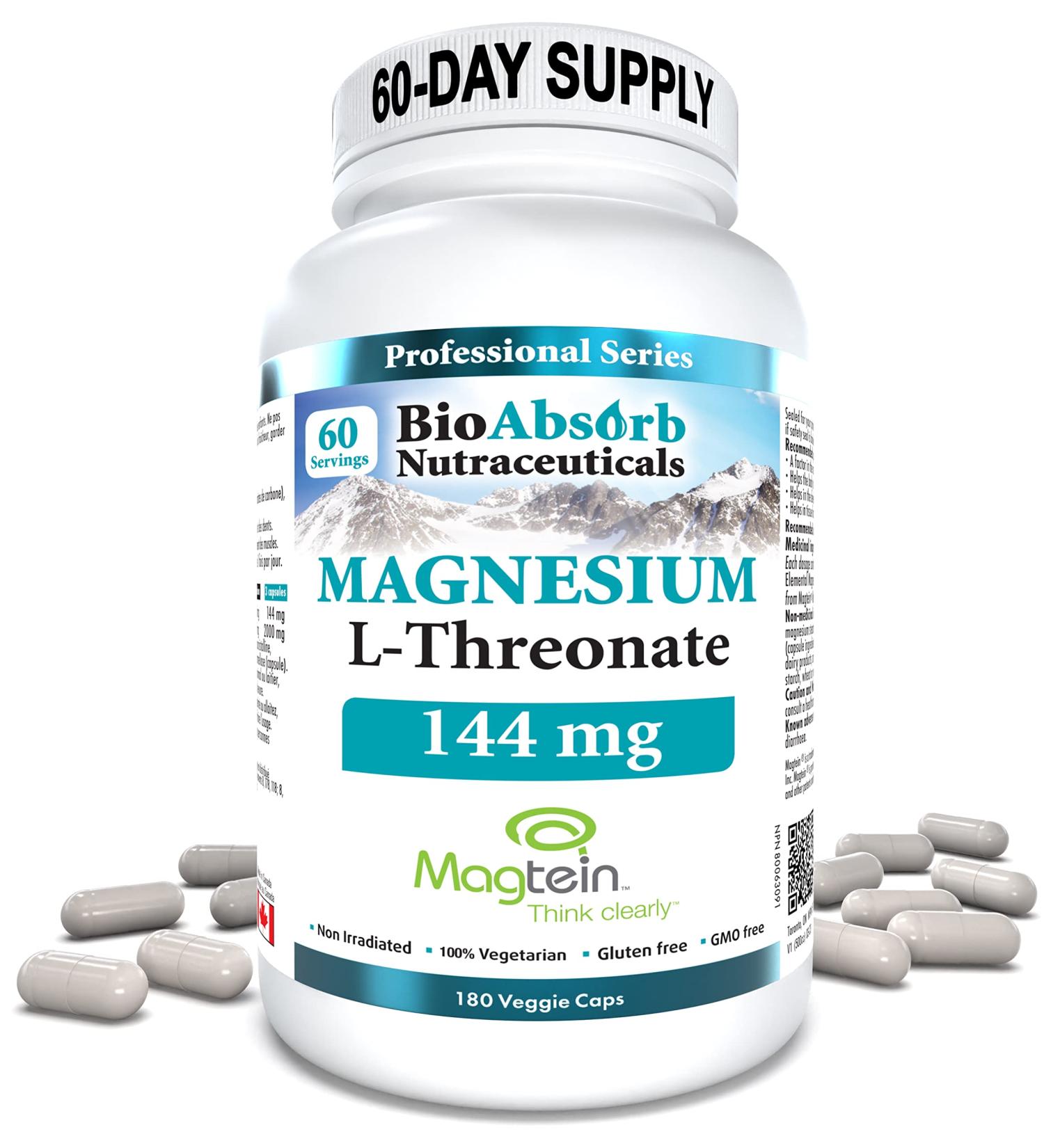Magnesium L-Threonate - Magtein. 60-Day Supply. 144 mg of Elemental Magnesium L Threonate Per Serving. Made In Canada (180 Veggie Capsules) 180 count (Pack of 1) - Buy Online on GoSupps.com
