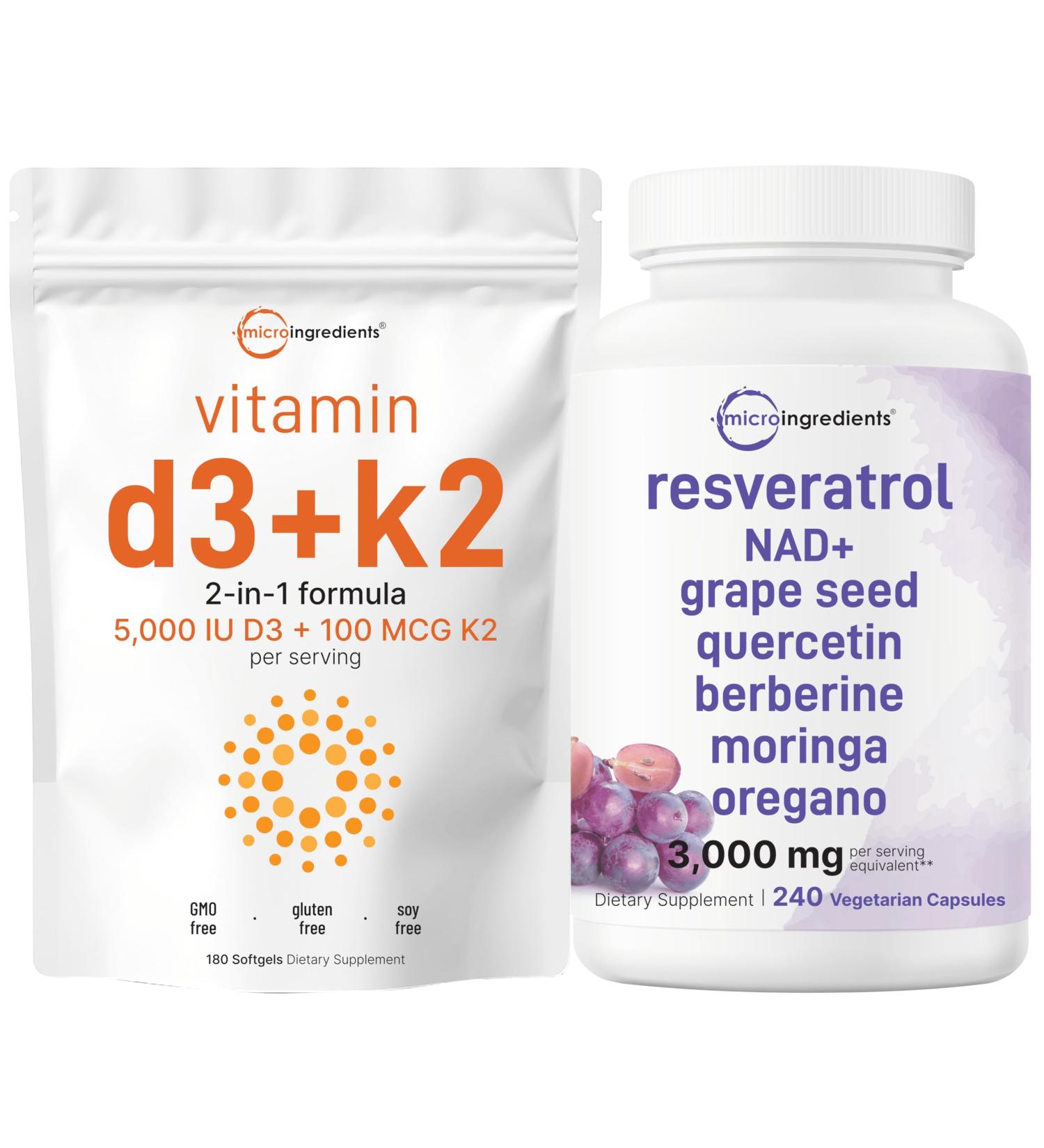 Micro Ingredients Vitamin D3 5 000iu + K2 100mcg Softgels & Resveratrol NAD Supplements 3 000mg Veggie Capsules | 2 Pack Bundle | D & K Sunshine Vitamins | Antioxidant Blend with Quercetin & Berberine - Buy Online on GoSupps.com
