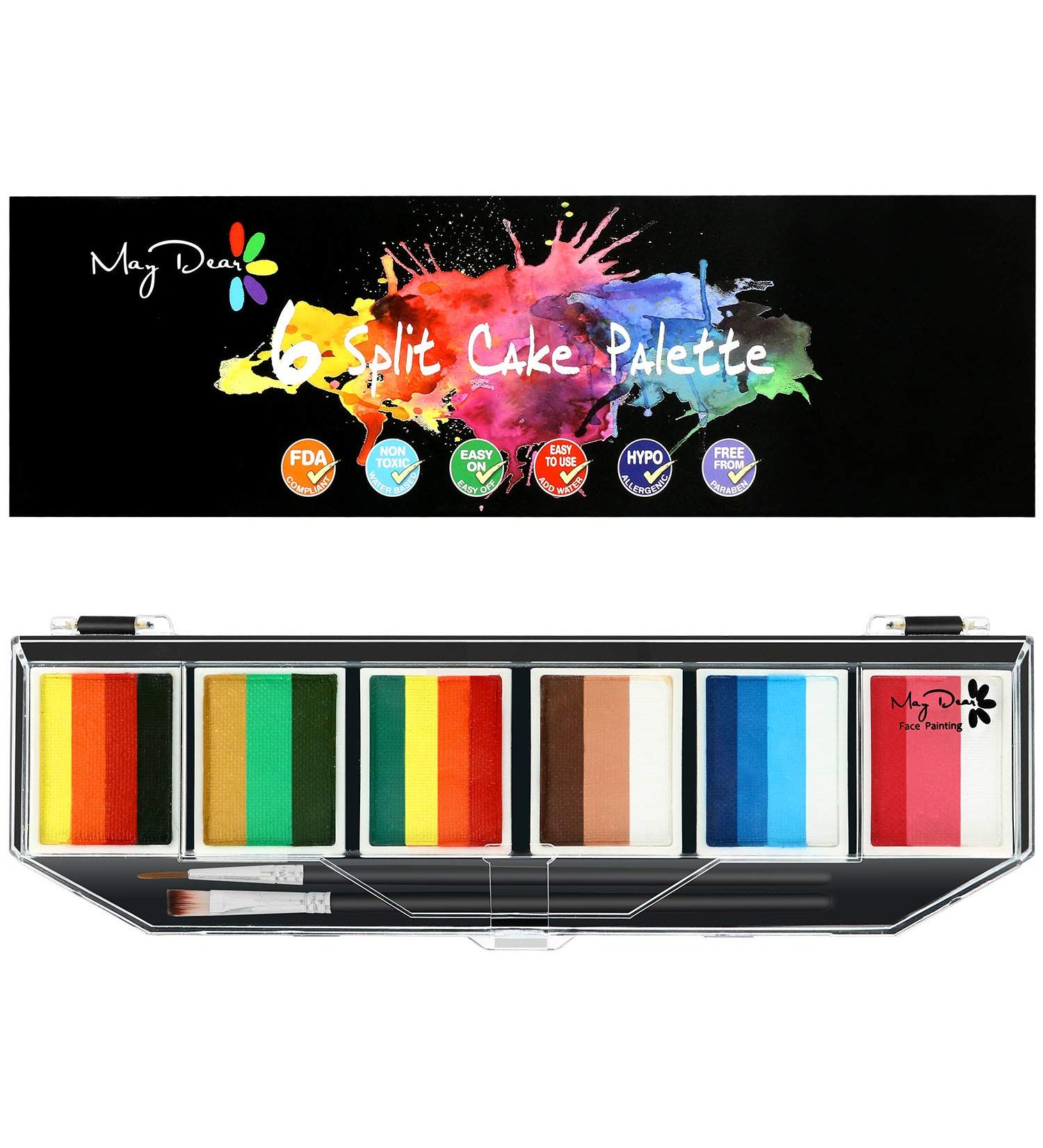 Maydear Face Painting Kit - 6 Color Split Cake Palette, 2 Brushes - Safe & Non-Toxic Water Based Makeup for Kids & Adults - Buy Online on GoSupps.com