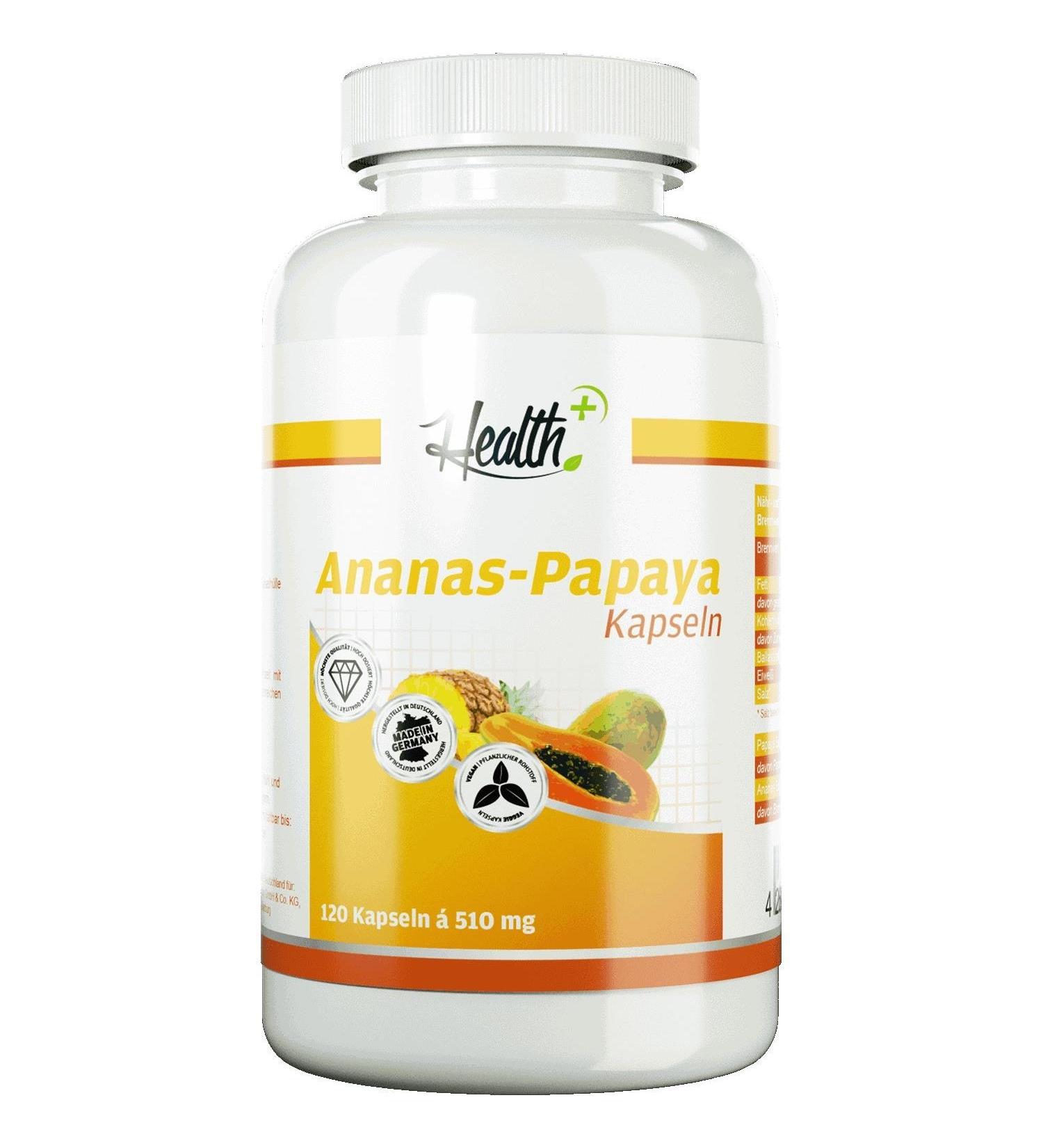 Health+ Pineapple-Papaya Capsules - 120 enzyme capsules with natural digestive enzymes from bromelain and papain Made in Germany