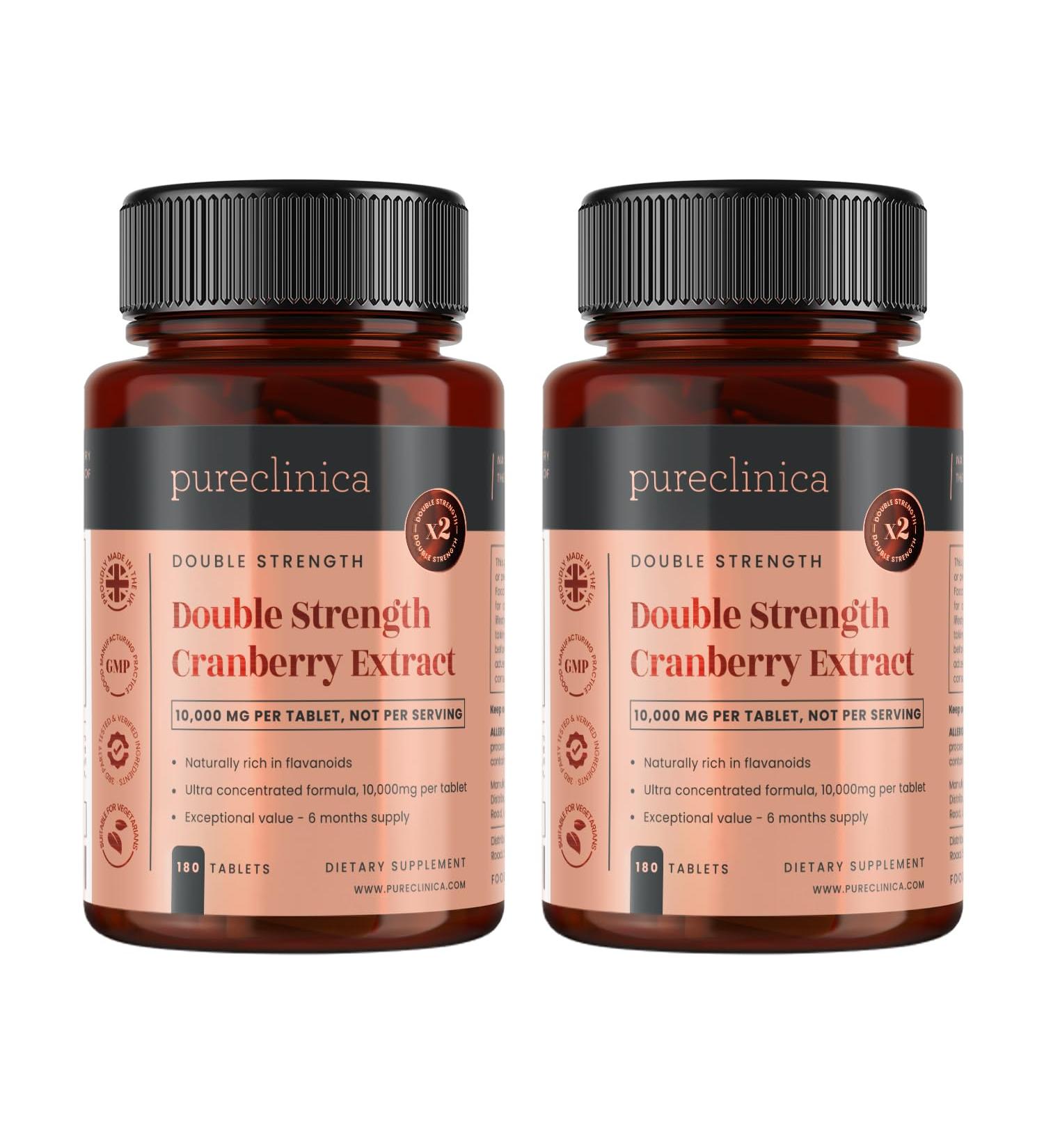 pureclinica Double Strength Cranberry Extract 10 000mg x 360 Ultra Concentrated Tablets (2 Bottles of 180) - 12 Months Supply! - Buy Online on GoSupps.com