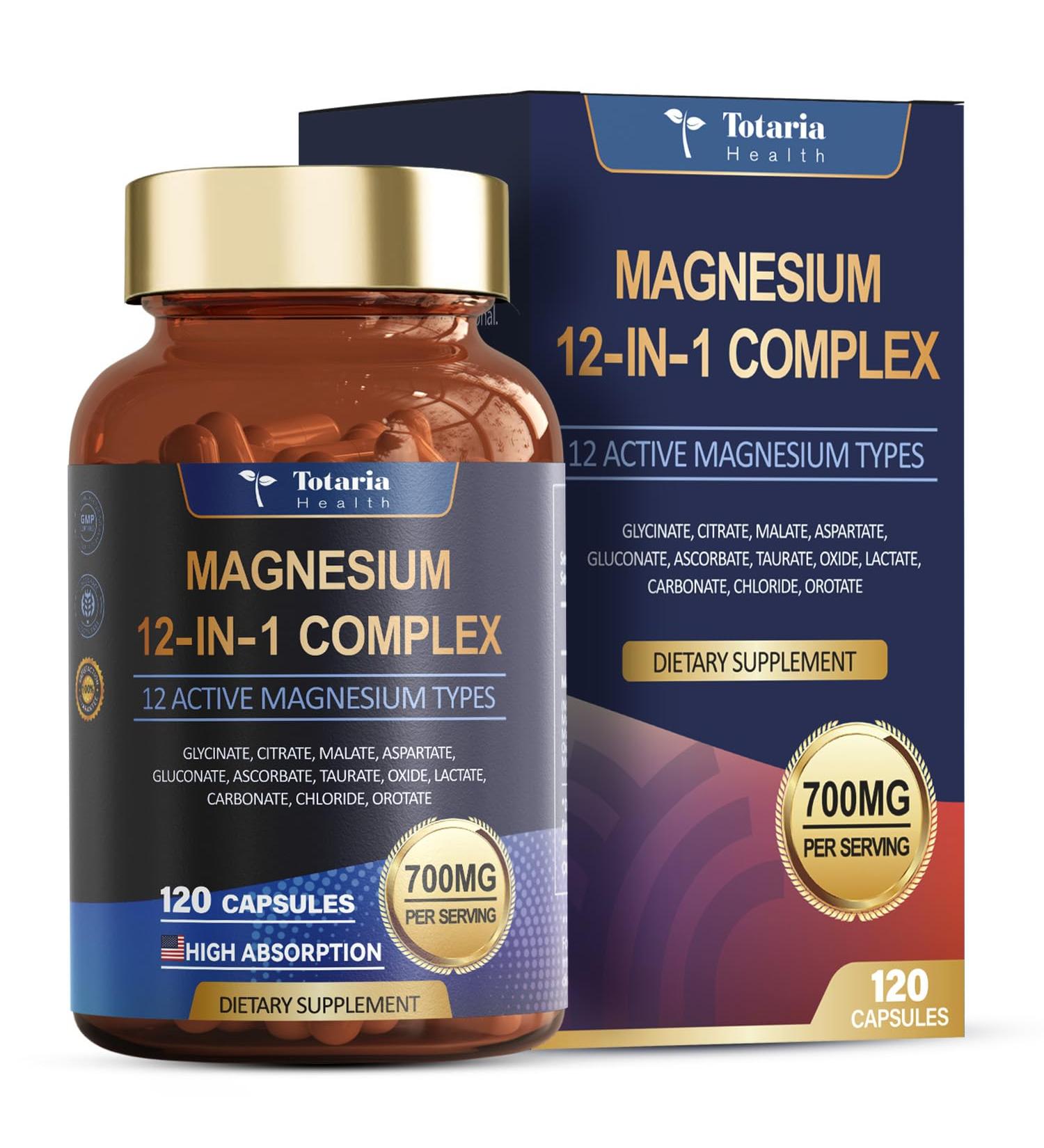 Totaria Magnesium Complex 700mg 12 in 1 Magnesium Supplement with Glycinate Citrate Malate Oxide Taurate Aspartate Orotate Magnesium Relaxation Muscle Heart Support Vegan 120 Capsules 120 Count (Pack of 1) - Buy Online on GoSupps.com