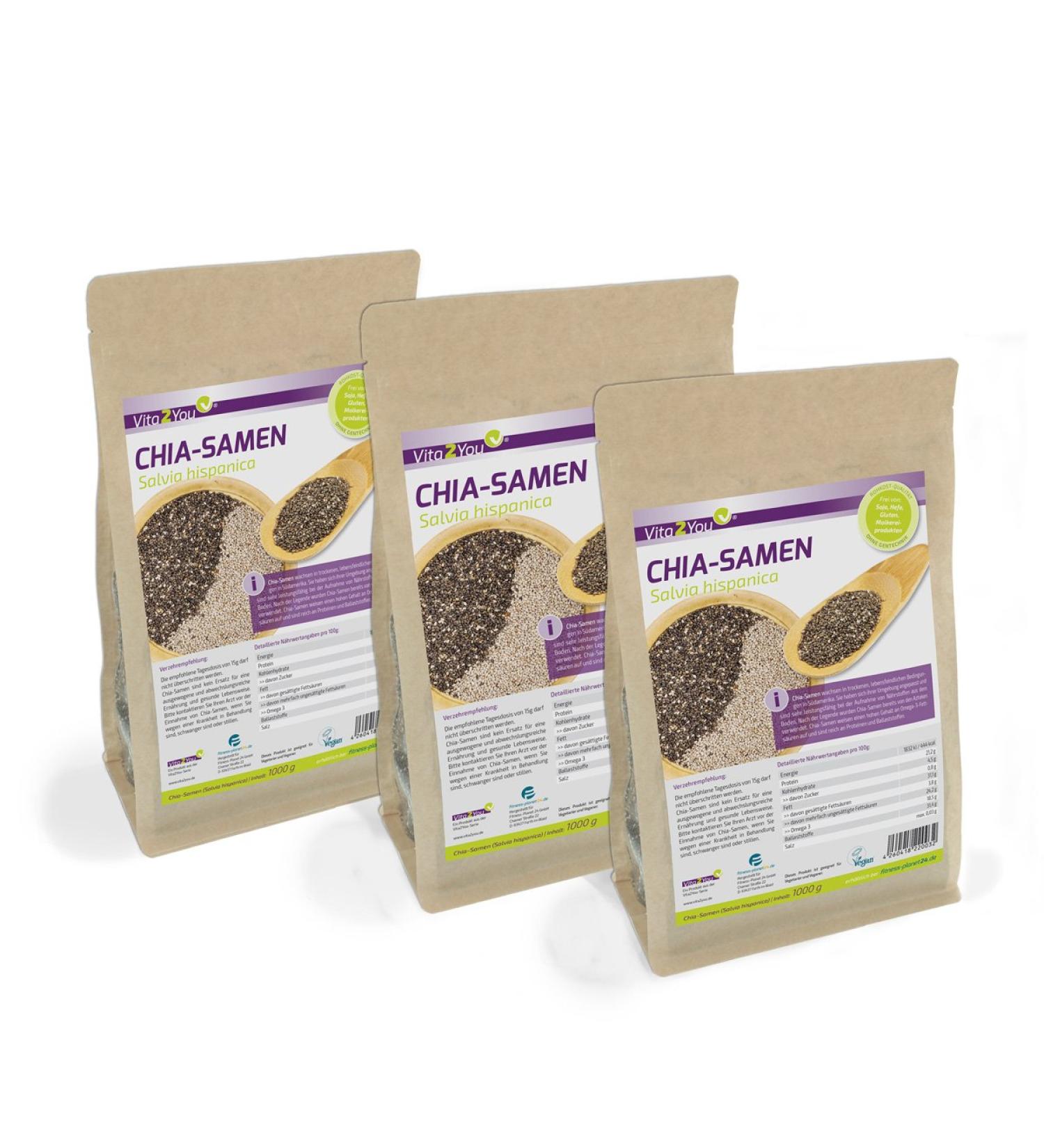 Vita2You Chia Seeds - Salvia Hispanica - 3 x 1kg zip bag - Pack of 3 (3000g)