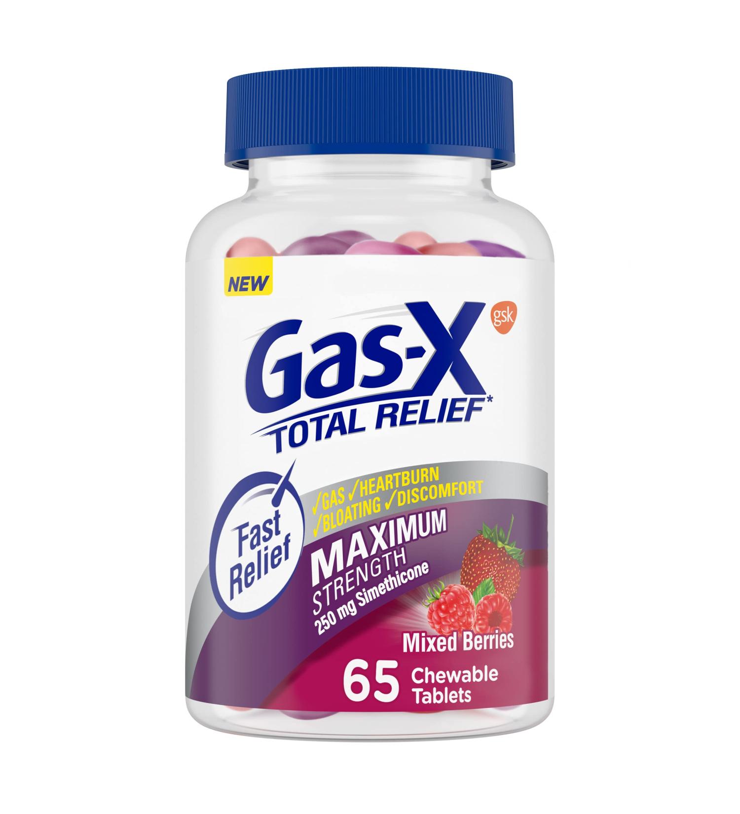 Gas-X Total Relief Chewable Tablets - Maximum Strength Gas & Heartburn Relief - 65 Count - Mixed Berries - Buy Online on GoSupps.com