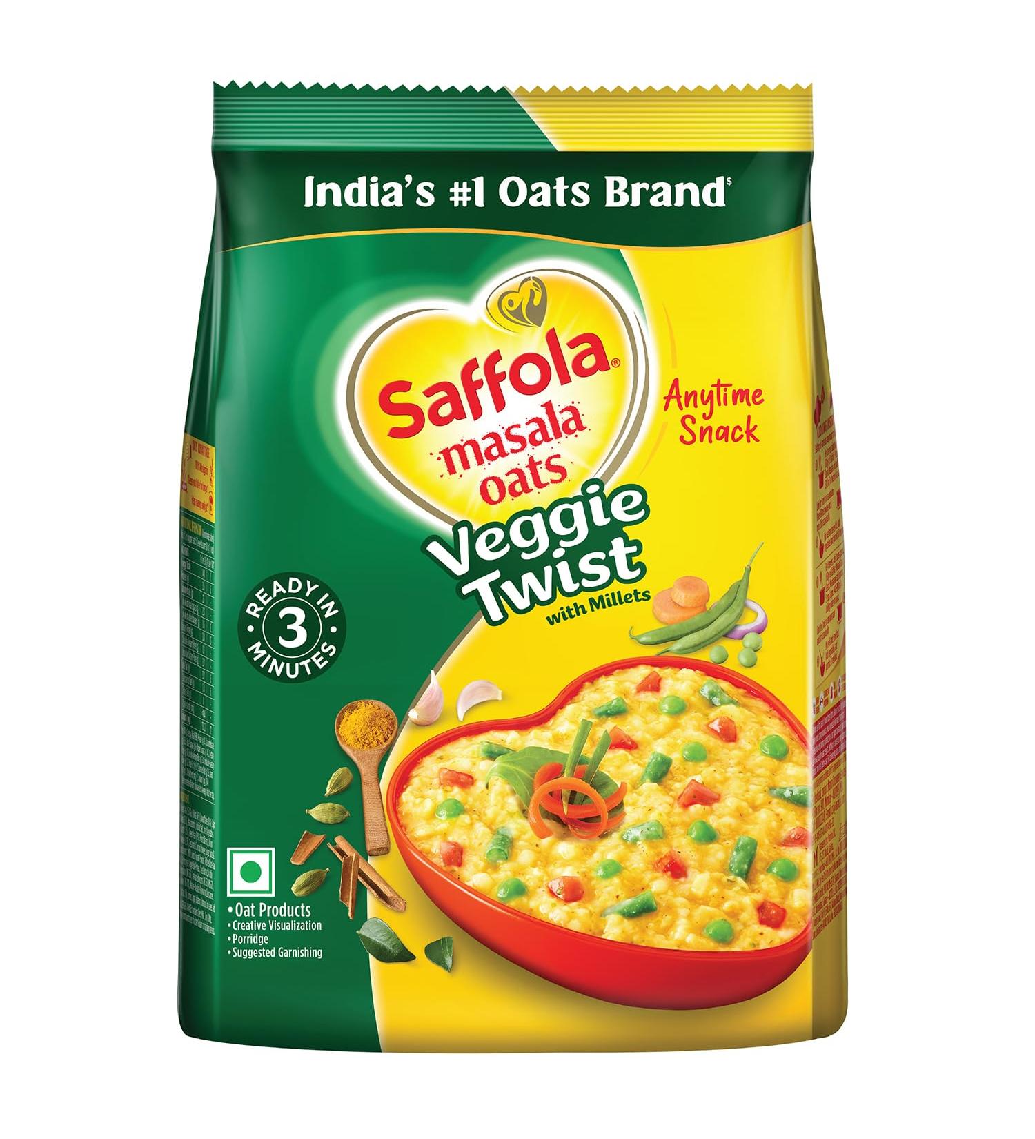 Saffola Masala Oats Veggie Twist | Collation d licieuse tout moment | Pr t en 3 minutes | Bont au millet avec Bajra & Jowar | Sans Maida sans conservateurs suppl mentaires | Aide avec Veggie Twist 250 g (Lot de 1) - Buy Online on GoSupps.com