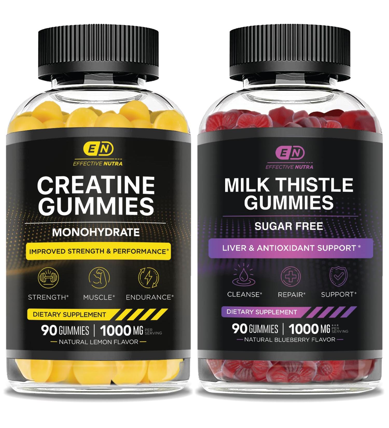 EFFECTIVE NUTRA Creatine Monohydrate Gummies 90ct & Sugar Free Milk Thistle Gummies 90ct - Buy Online on GoSupps.com