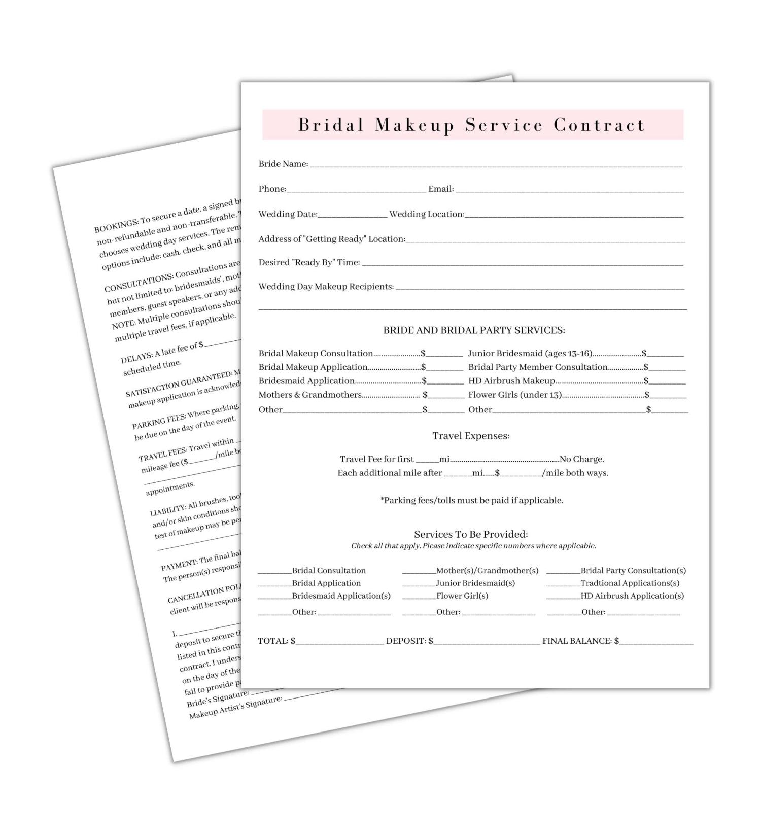 Bridal Makeup Service Contract | 50 Pack | Makeup Artist Supplies | 8.5 x 11 A1 Forms | White & Pink Bridal Contract - Buy Online on GoSupps.com