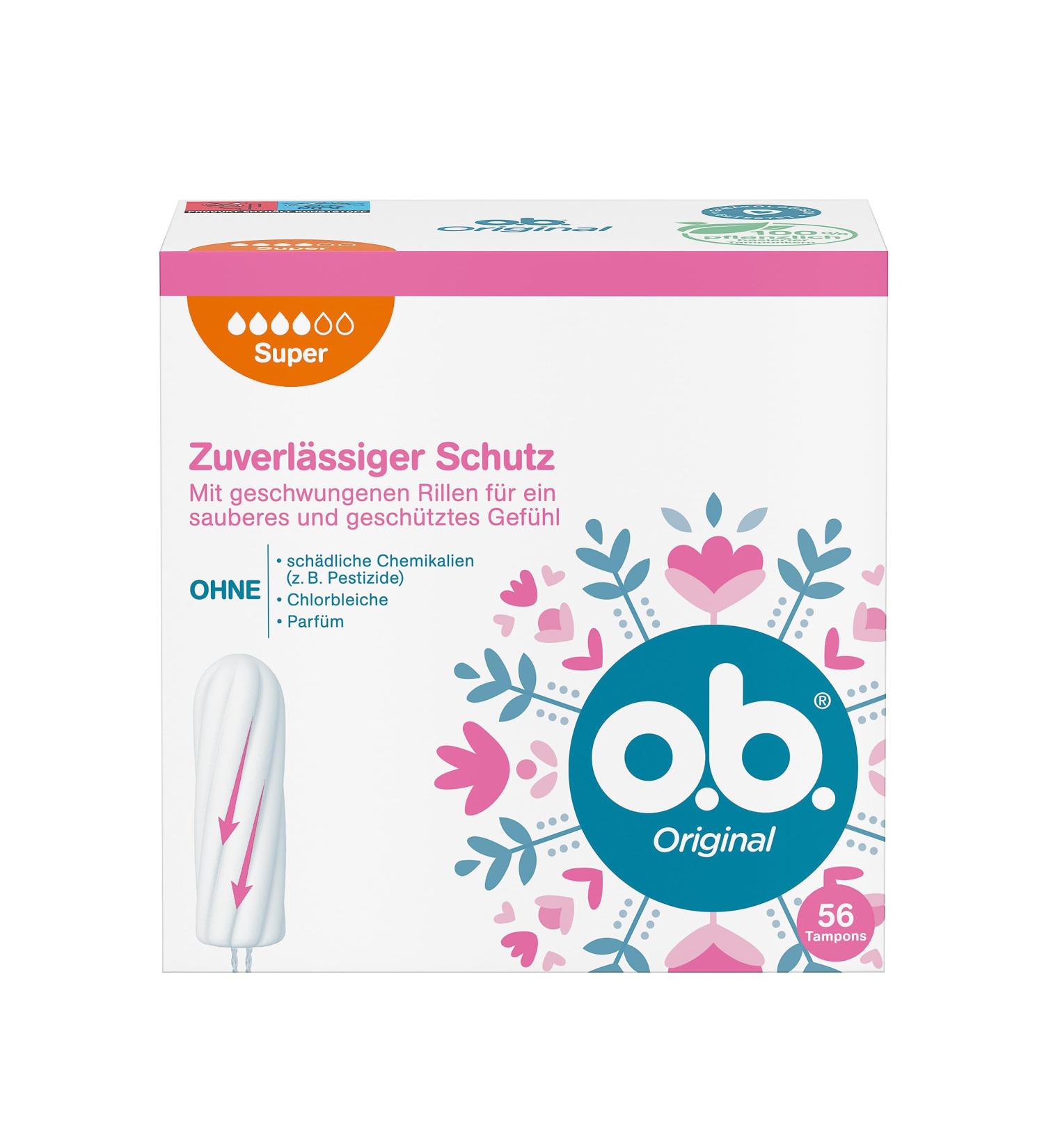 o.b. Original Super Tampons - Heavy Flow, StayDry Technology, Curved Grooves - 56ct - Buy Online on GoSupps.com