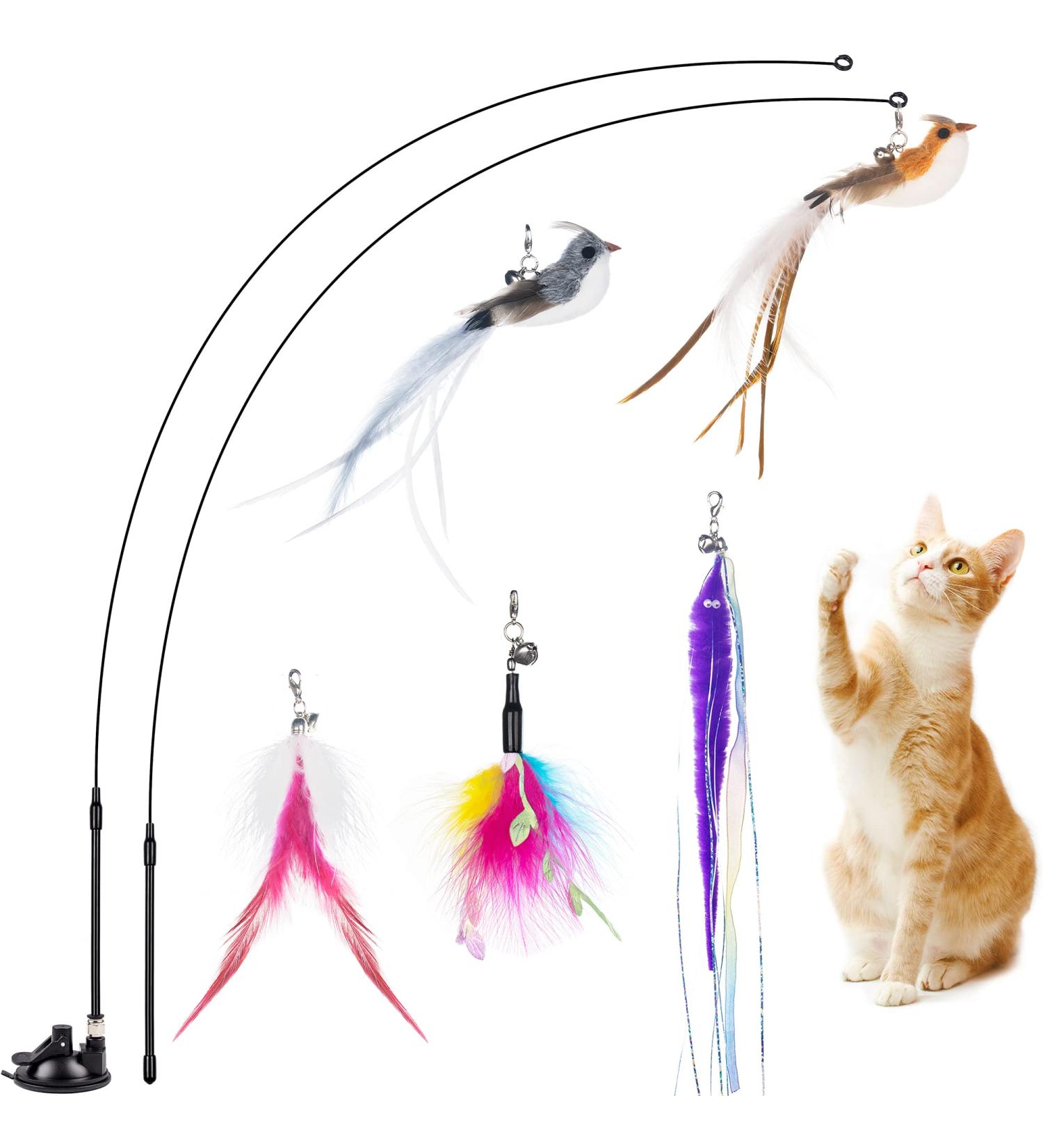 JXFUKAL Cat Feather Toy Set with Suction Cup & Springy Wand - Interactive Kitty Kitten Toys | Bells Teaser Refills Included - Cat Accessories for Playtime - Buy Online on GoSupps.com