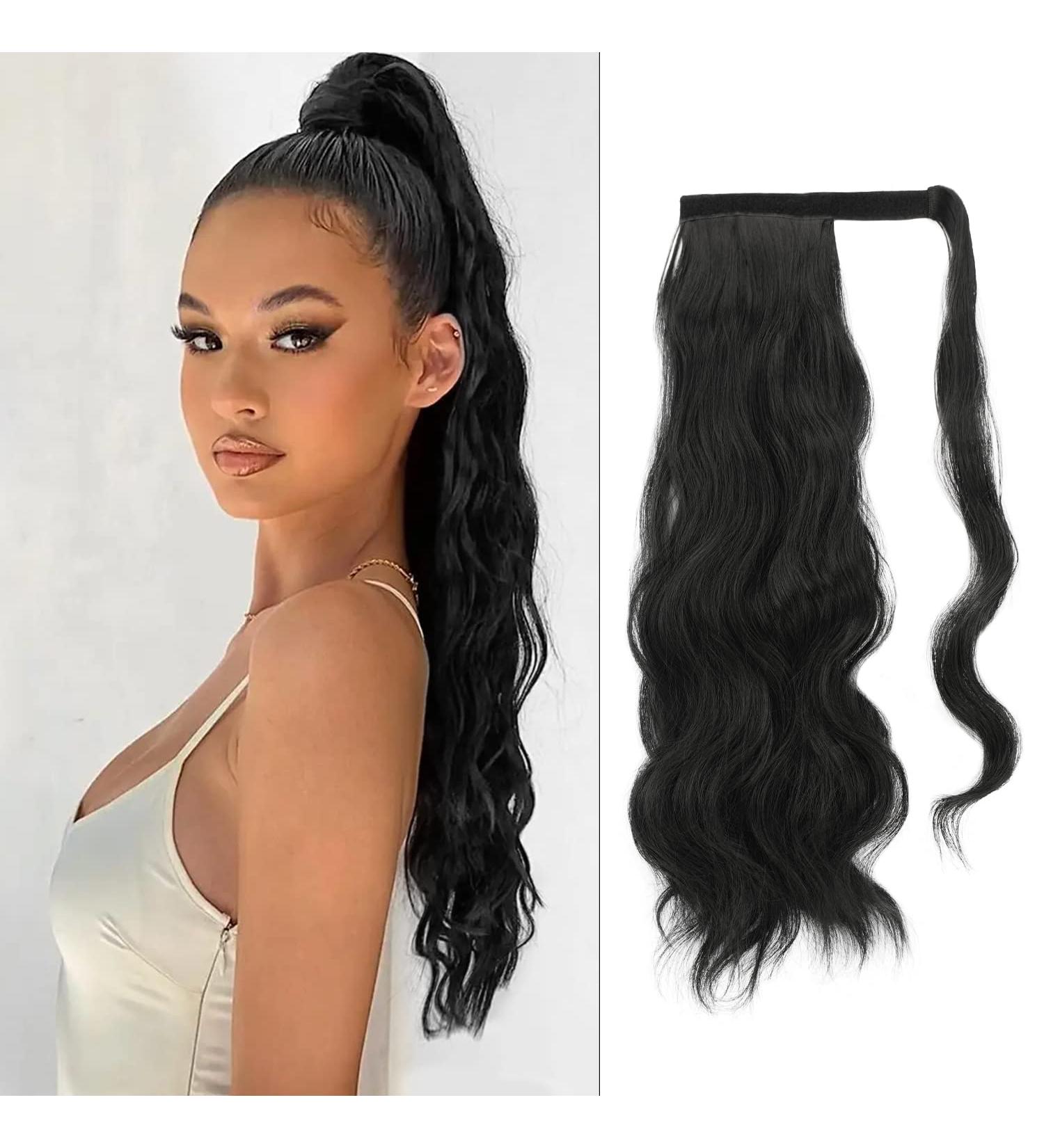 FESHFEN 60cm Long Wavy Ponytail Extension in Off Black - Curly Clip in Synthetic Hairpiece for Women - Buy Online on GoSupps.com