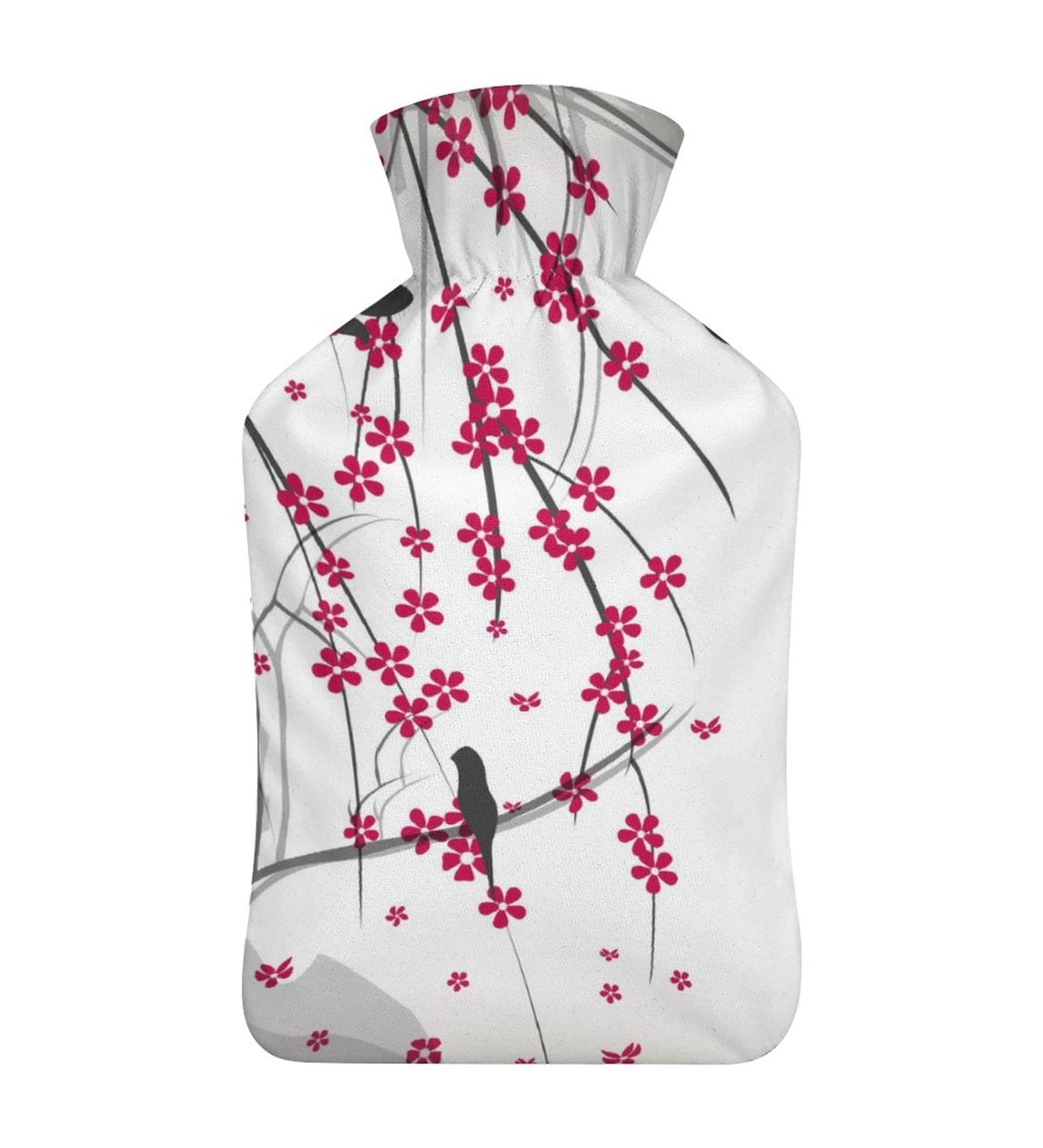 Hot Water Bottle with Lid - Cherry Blossom & Bird | Rubber Hot Water Bag for Pain Relief Cramps Foot Warmer & Hot/Cold Therapy - Buy Online on GoSupps.com