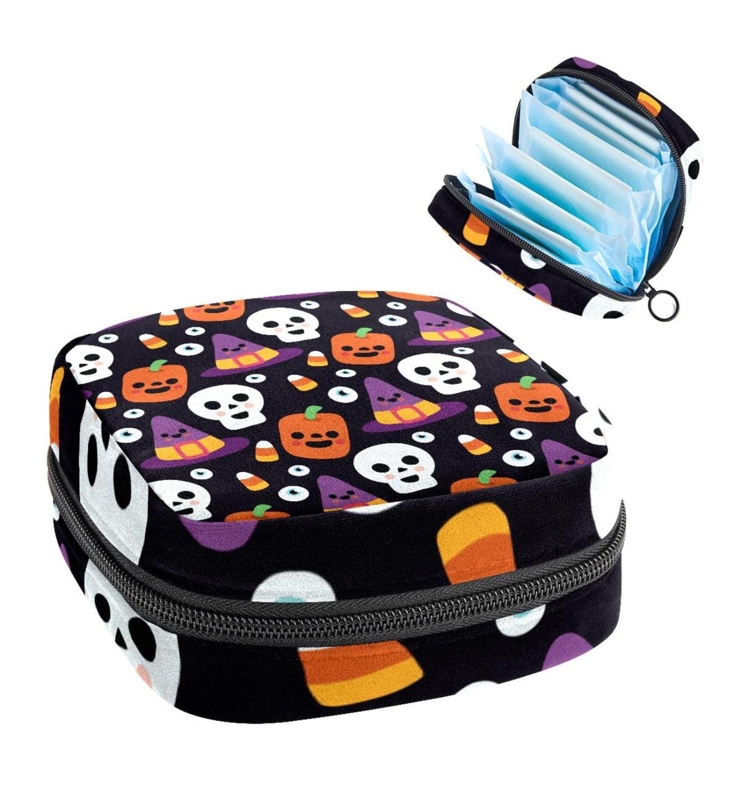 Halloween Skull Black Sanitary Napkin Storage Bag - Portable Period Bag for Women and Teen Girls - Multi-colored - 1Pcs - Buy Online on GoSupps.com