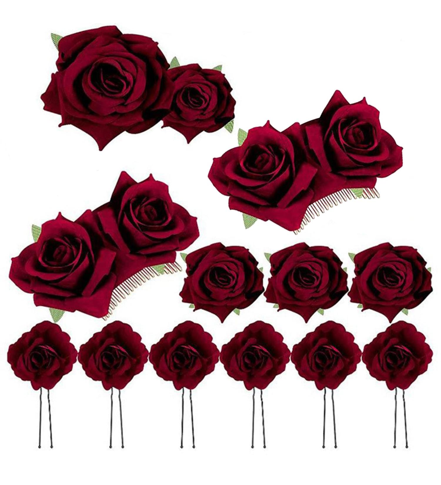 Rose Hair Clip Flower Hairpin Rose Brooch Floral Clips Rose Hair Clip for Thick Hair Flower Pins Wedding Hair Accessories for Women for Women's Hair Accessories Bridal Hair P Wine red - Buy Online on GoSupps.com