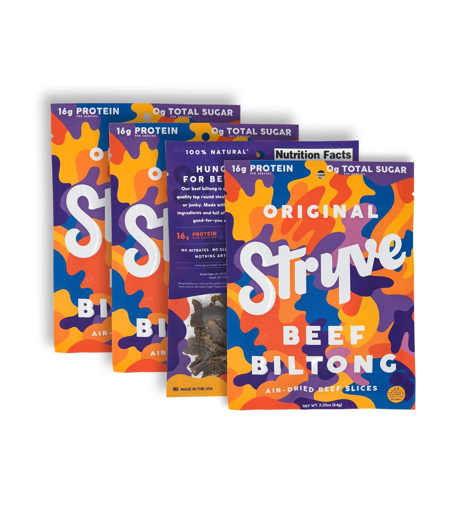 Stryve Original Biltong - Low Fat, Low Carb, Low Sugar, 16g Protein - 4 Pack (2.25oz) - Buy Online on GoSupps.com