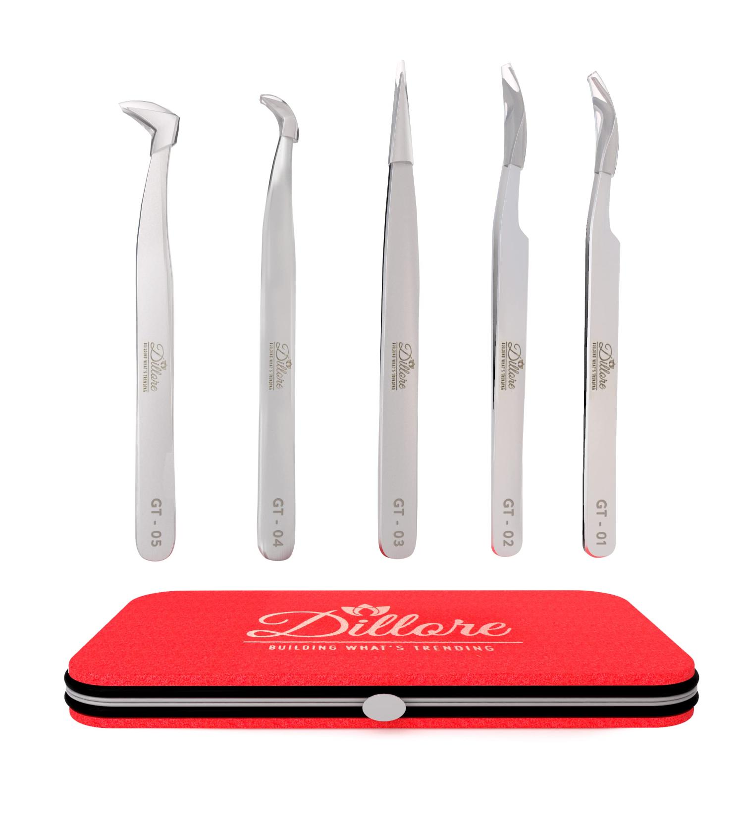 Dillore Lash Tweezers Set - 5 Professional Stainless Steel Precision Tweezers for Eyelash Extension, Eyebrow & Facial Hair - Straight, Curved & Angled Tips for Volume & Easy Fans - Buy Online on GoSupps.com