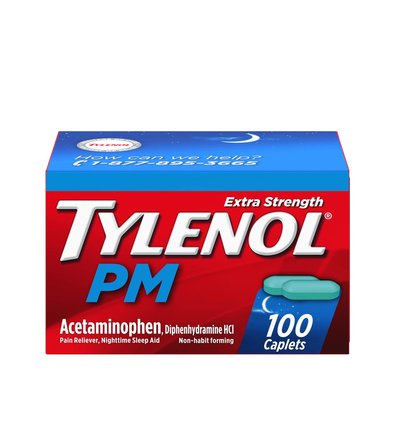 Tylenol PM Extra Strength Caplets 100 ct | Nighttime Pain Relief & Sleep Aid with Acetaminophen & Diphenhydramine HCl - Buy Online on GoSupps.com