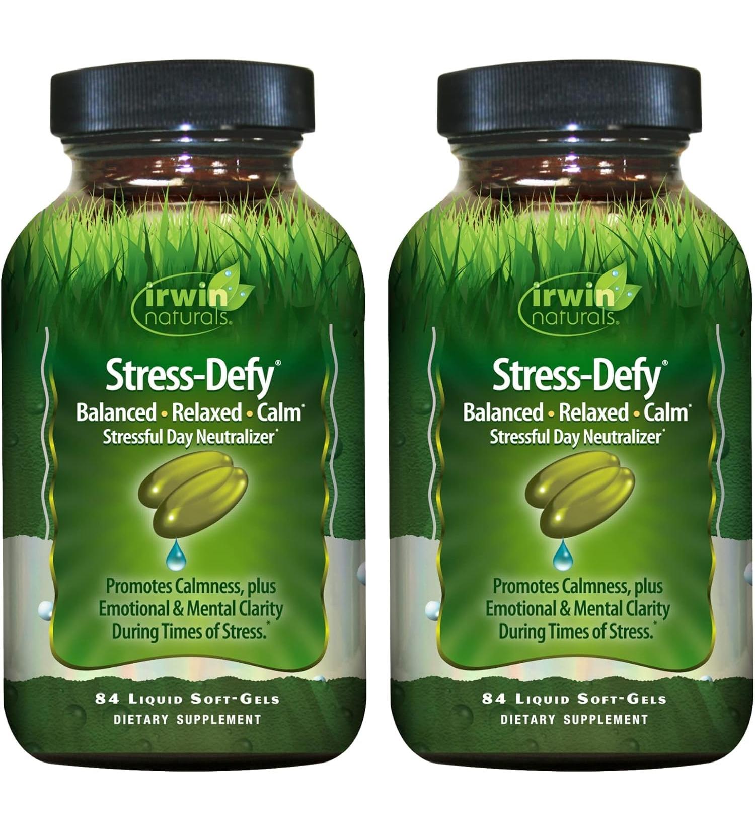 Irwin Naturals Stress-Defy Mood Support 84 Liquid Soft-Gels Calm, Balance & Emotional Wellness - 2 Pack - Buy Online on GoSupps.com