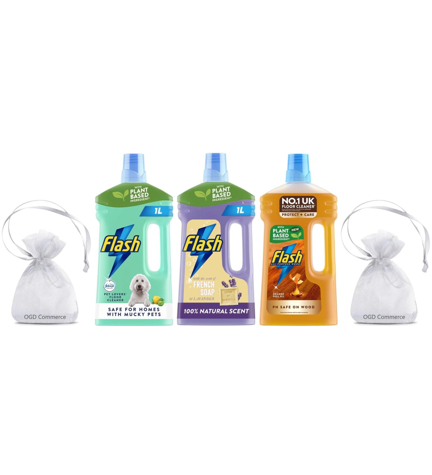 Flash All Purpose & Floor cleaner Pack of 3: for Pet Lovers 1L Citrus Freshness + Traditional French Soap & Lavender 1L + For Wood with Almond Oil Mandarin & Cedarwood 1L - Buy Online on GoSupps.com
