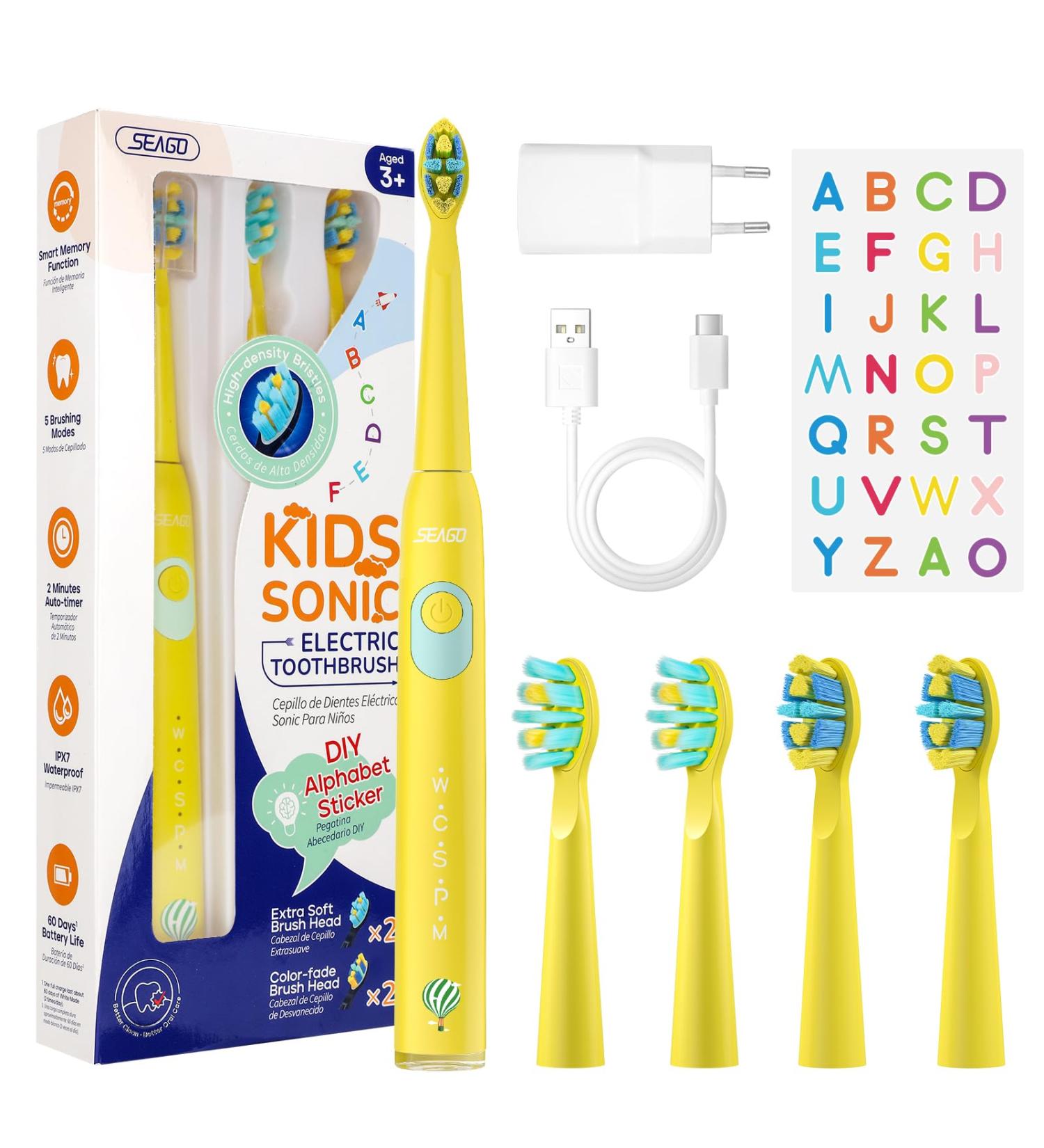 Seago Electric Toothbrush for Kids 3+ Rechargeable Extra Soft Bristles 5 Cleaning Modes - Bright Yellow - Buy Online on GoSupps.com
