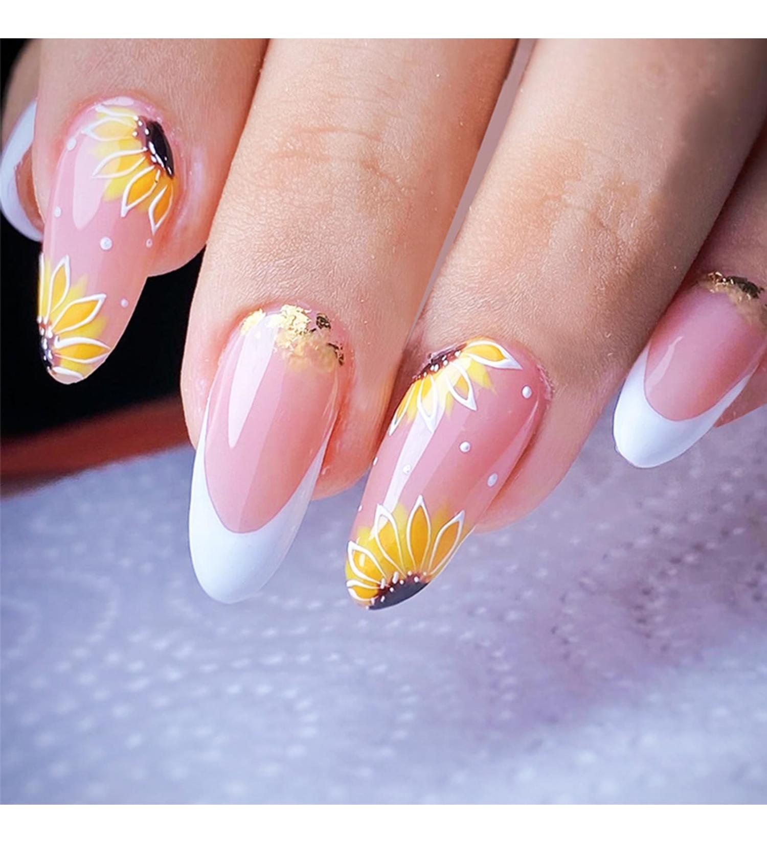 Sunflowers Press on Nails - Medium Almond Glossy White French Tips | 24Pcs Acrylic False Nails with Gold Foil for DIY Manicure - Buy Online on GoSupps.com