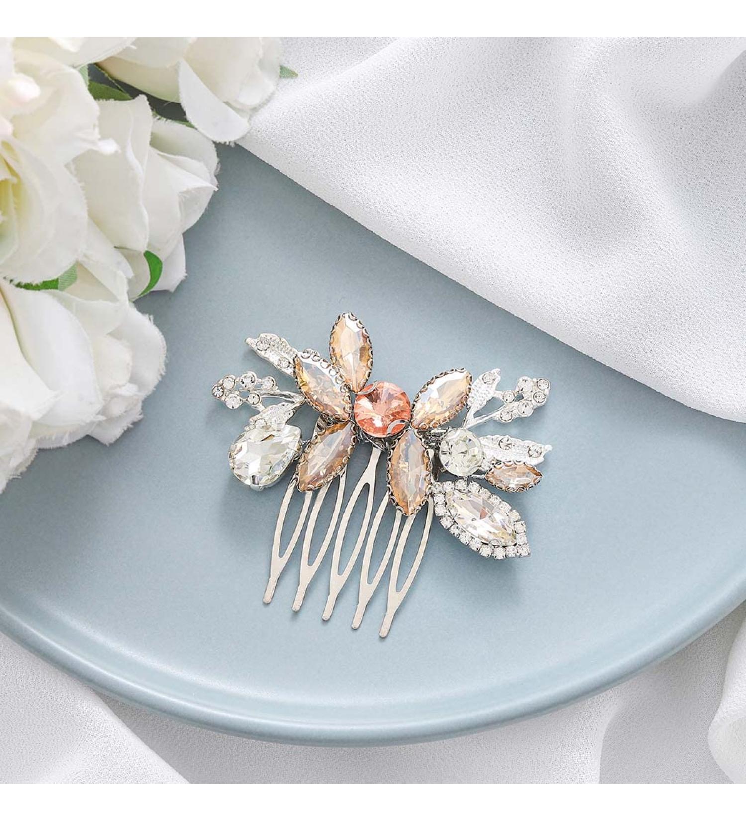 Catery Crystal Bride Hair Comb - Silver Bridal Side Comb with Champagne Rhinestones - Buy Online on GoSupps.com