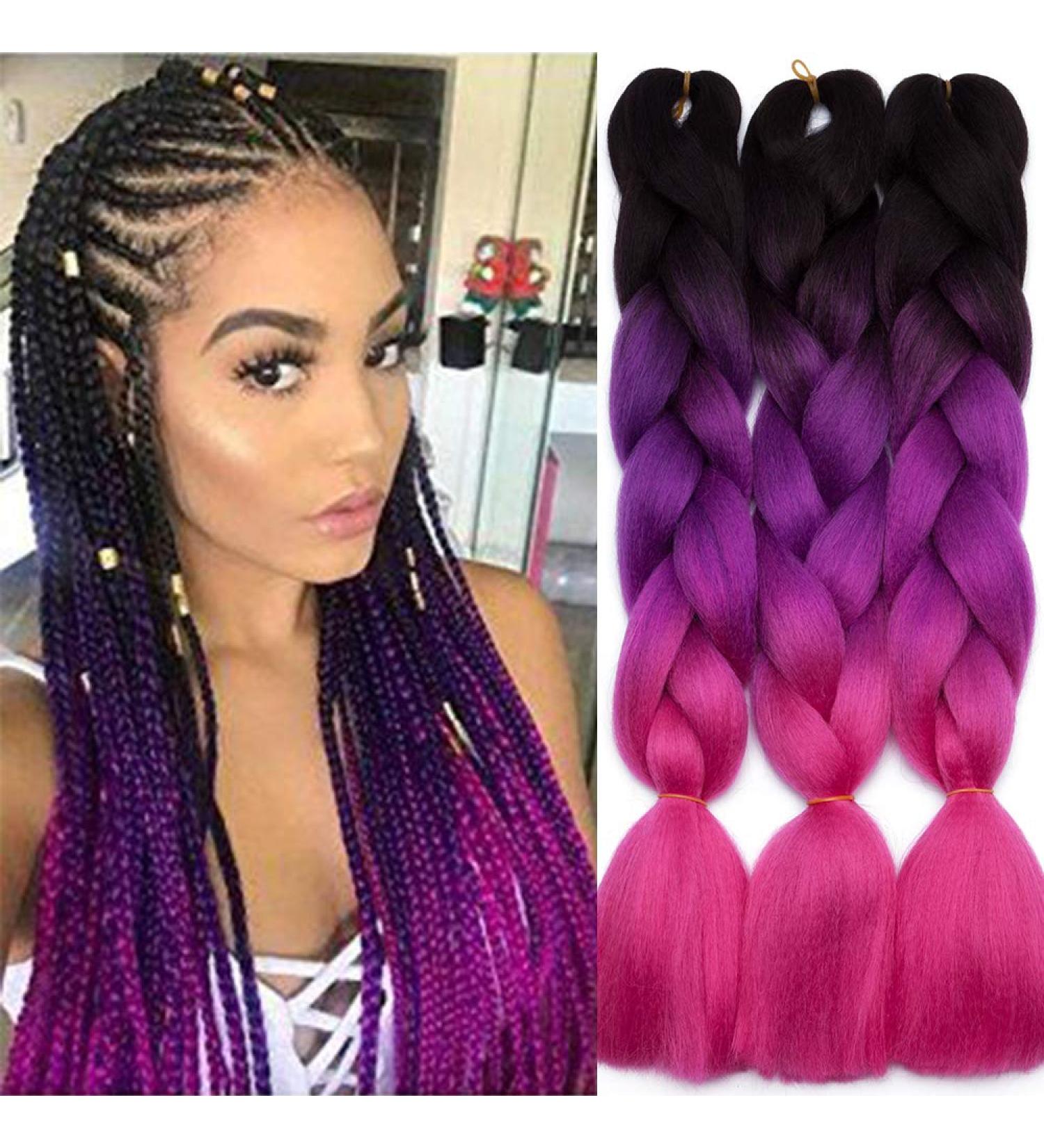 TESS Braids Extensions 60 cm - Pack of 3 Jumbo Kanekalon Synthetic Hair for Box Braids - Ombre Hair Braids (Black Purple Pink) - 100g/Bundle - Buy Online on GoSupps.com