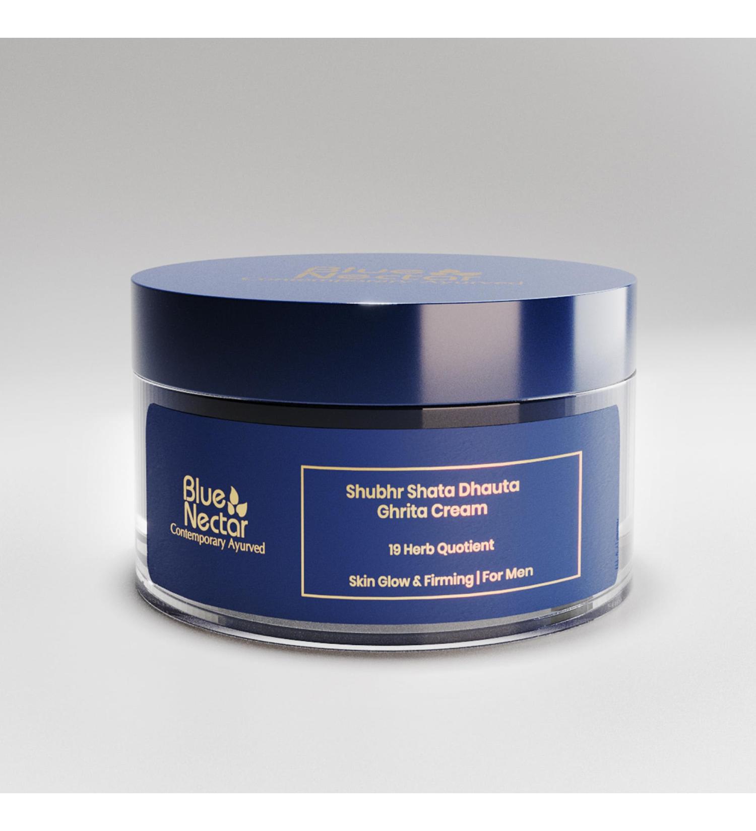 Blue Nectar Shata Dhauta Ghrita Face Cream for Men | 100 Times Washed Ghee Lightweight Men Face Cream for Naturally Glowing Skin (19 Herbs 50g) - Buy Online on GoSupps.com