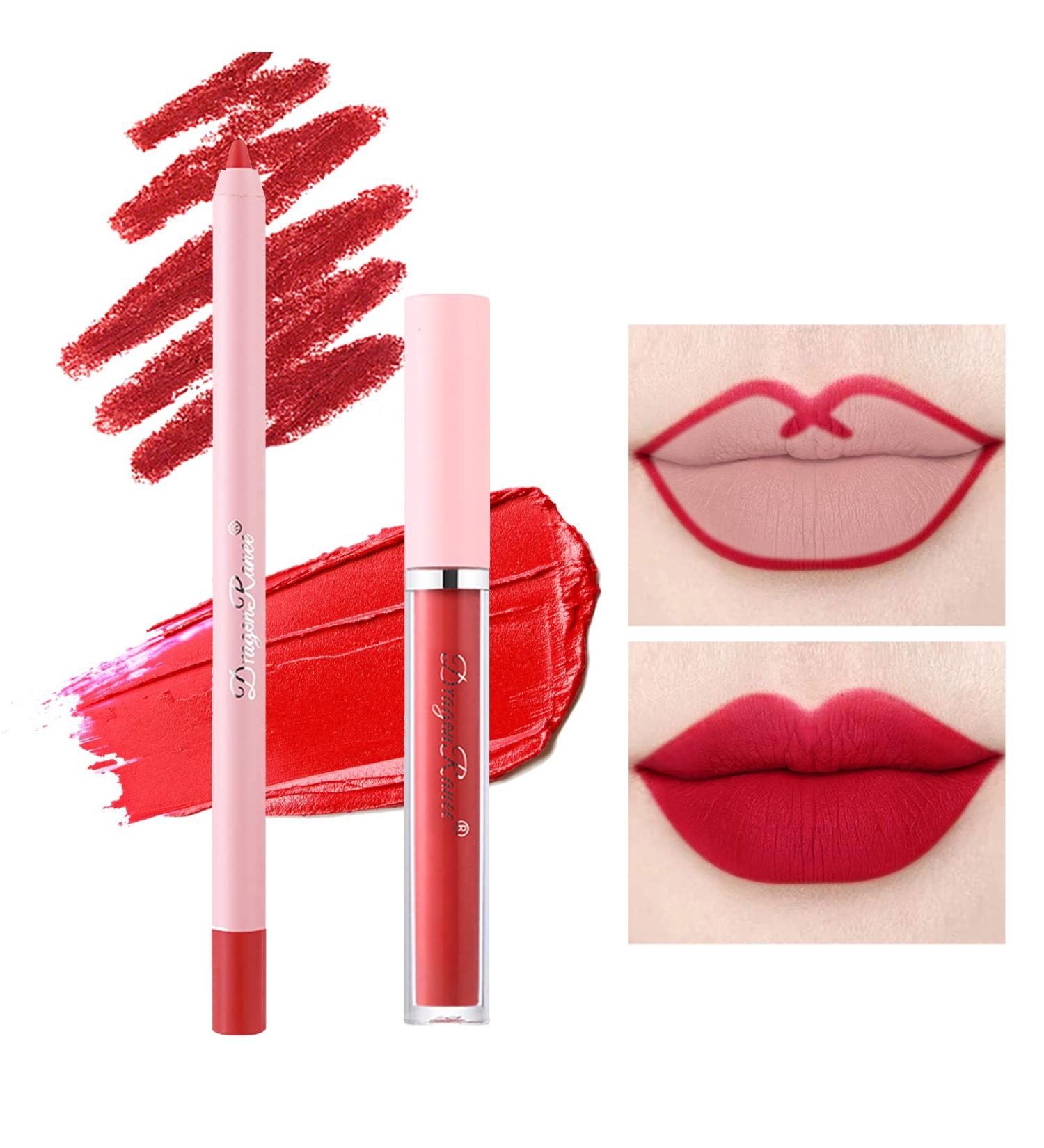 Rose Red Lip Liner Pencil and Lipstick Set - Long Lasting Waterproof Formula for High Pigmented, Velvety Matte Lips - Natural, Non-Fade Makeup Gift Kit - Buy Online on GoSupps.com