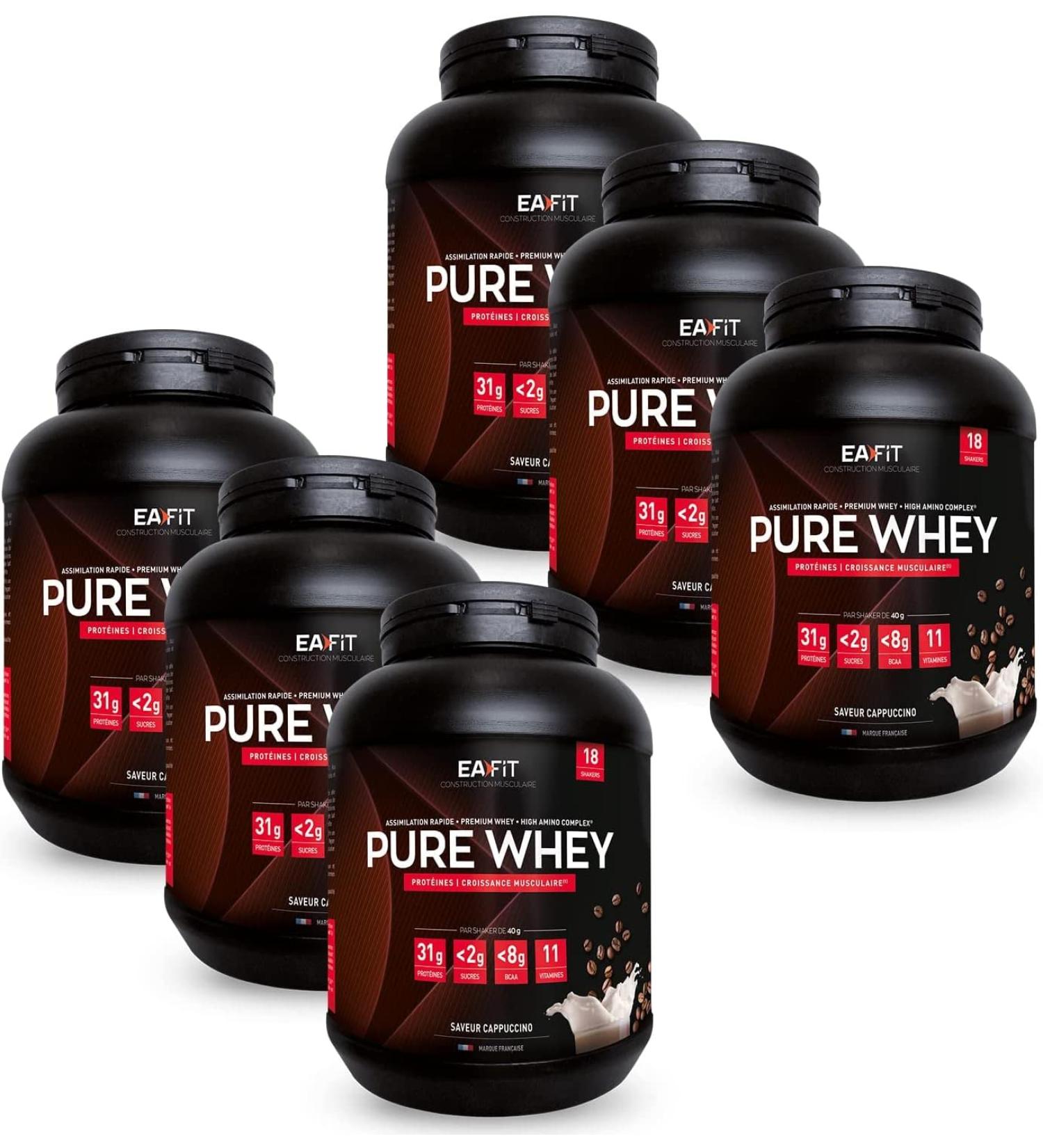 EAFIT Pure Whey Cappuccino 750 g Eco Format 6 Pots 4.5 kg - Muscle Growth - Whey Protein - Rapid Assimilation - Amino Acids and Digestive Enzymes - Certified Anti-Doping - Buy Online on GoSupps.com