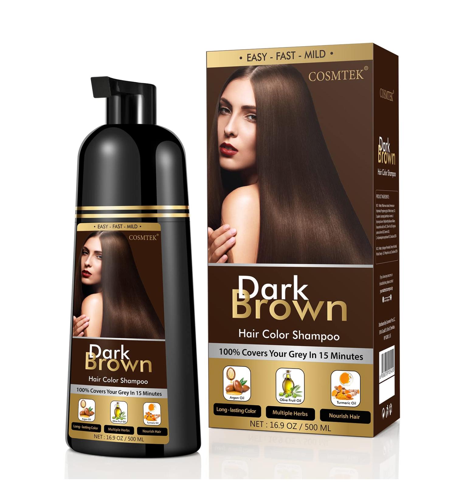COSMTEK Dark Brown Hair Dye Shampoo 500ml - Permanent 3-in-1 Instant Color for Men & Women - Lasts 30 Days - Ammonia-Free Formula with Natural Herbal Ingredients - Buy Online on GoSupps.com
