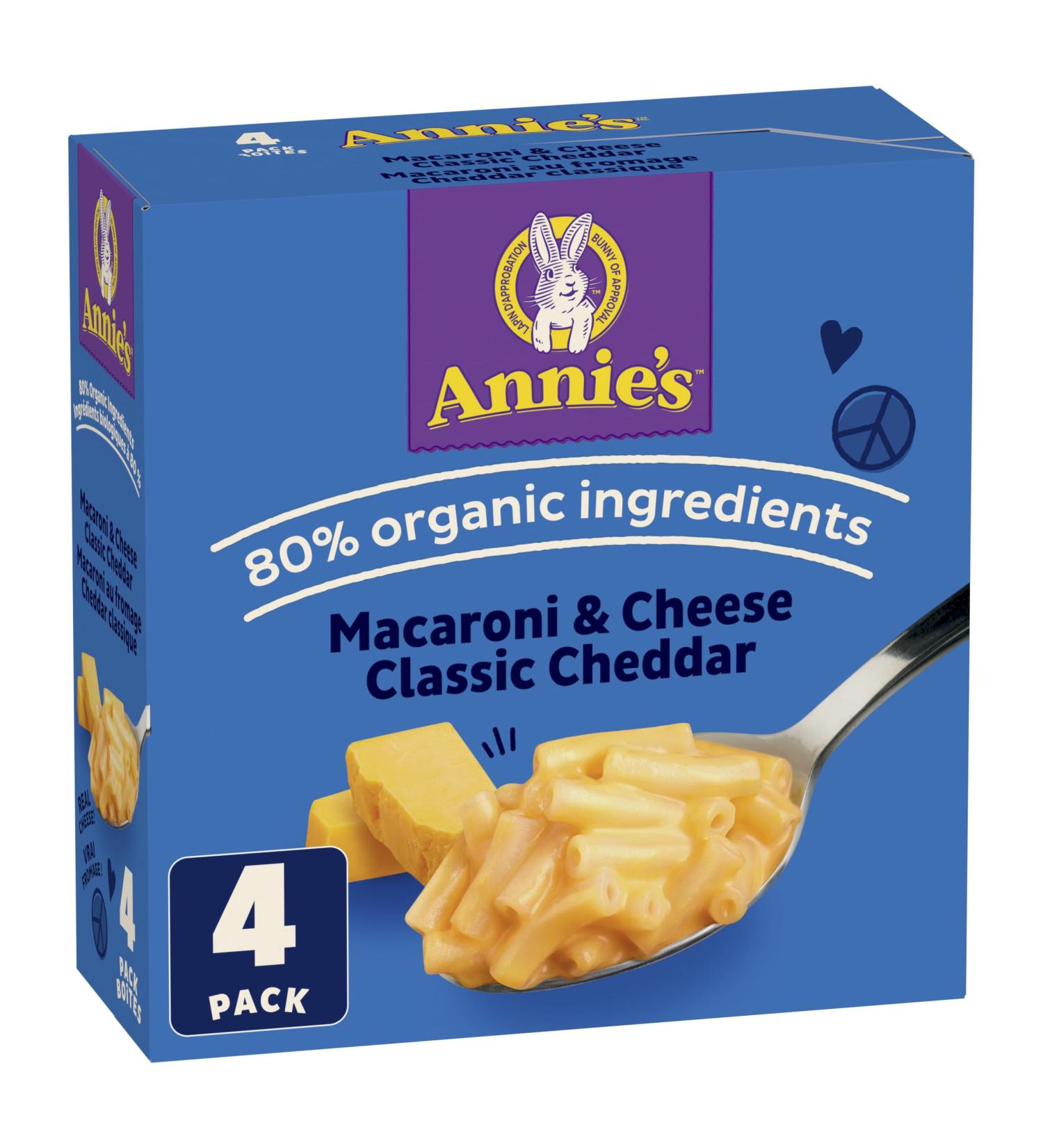 ANNIE'S - VALUE PACK SIZE - MACARONI and CHEESE Classic Cheddar 4 Pack 680 Grams Box No Artificial Flavours or Synthetic Colours Contains Real Cheese and Milk Ingredients 80% Organic Ingredients Food - Buy Online on GoSupps.com