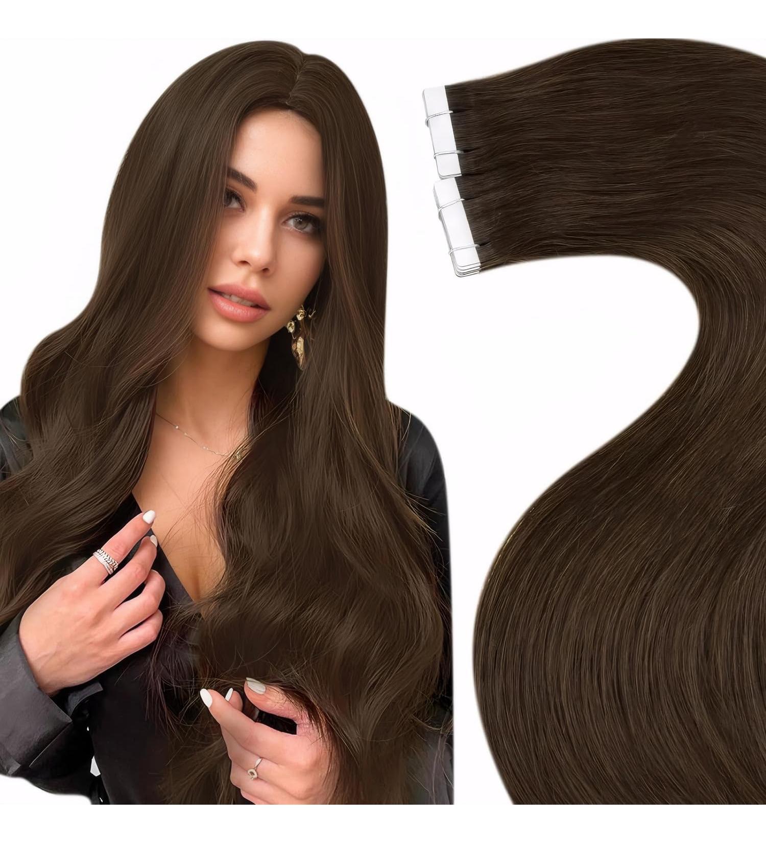 Laavoo Real Hair Tape Extensions #4 Dark Brown - 55cm 50g 20PCs - Invisible Brown Hair Extensions - Buy Online on GoSupps.com