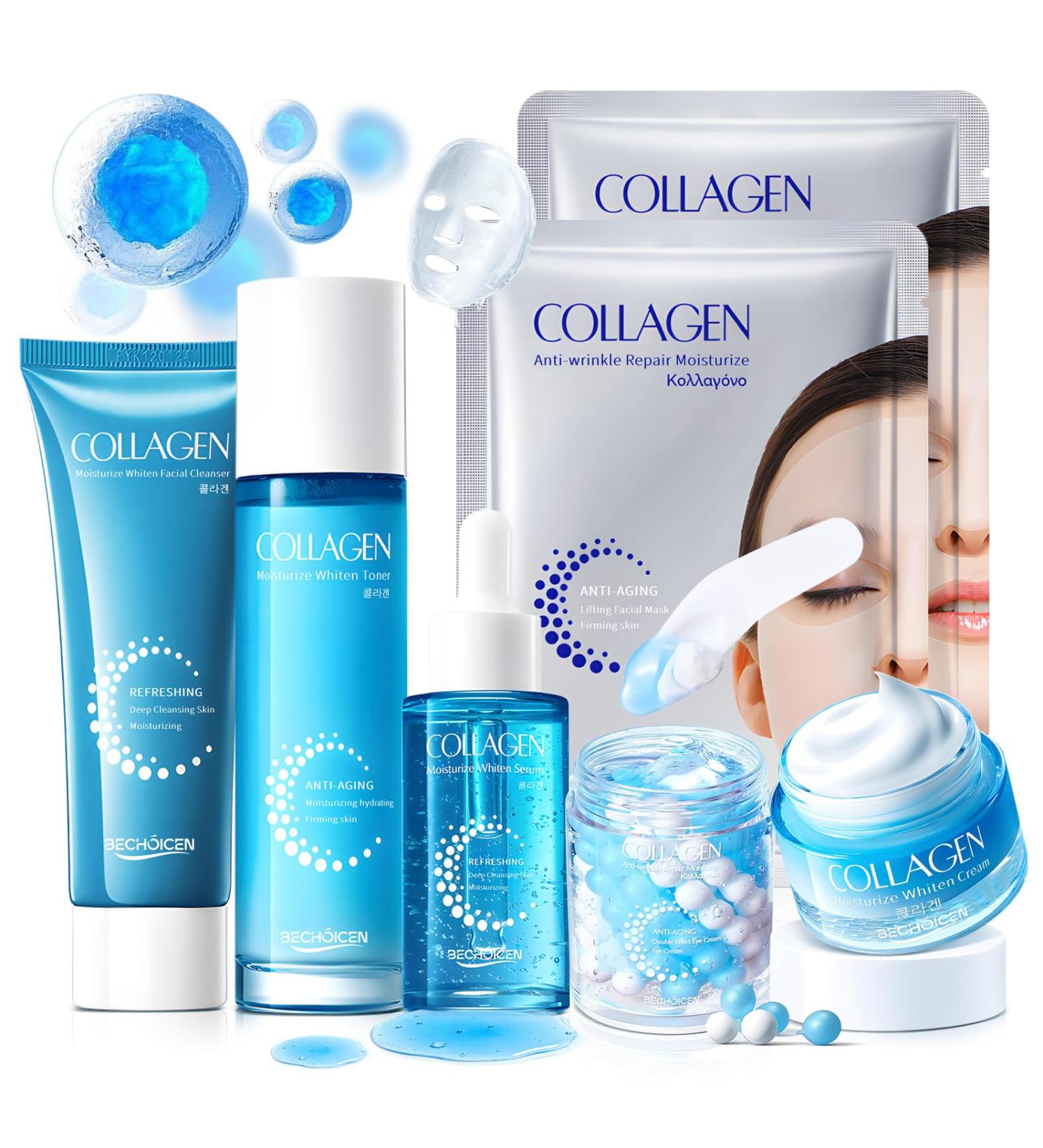 Collagen Skincare Set for Women 7Pcs Face Care Kit with Cleanser Toner Serum Eye Cream Face Cream & Masks Hydrating Firming & Nourishing Routine Gentle for All Skin Types Great Gift Idea blue 7Pcs - Buy Online on GoSupps.com