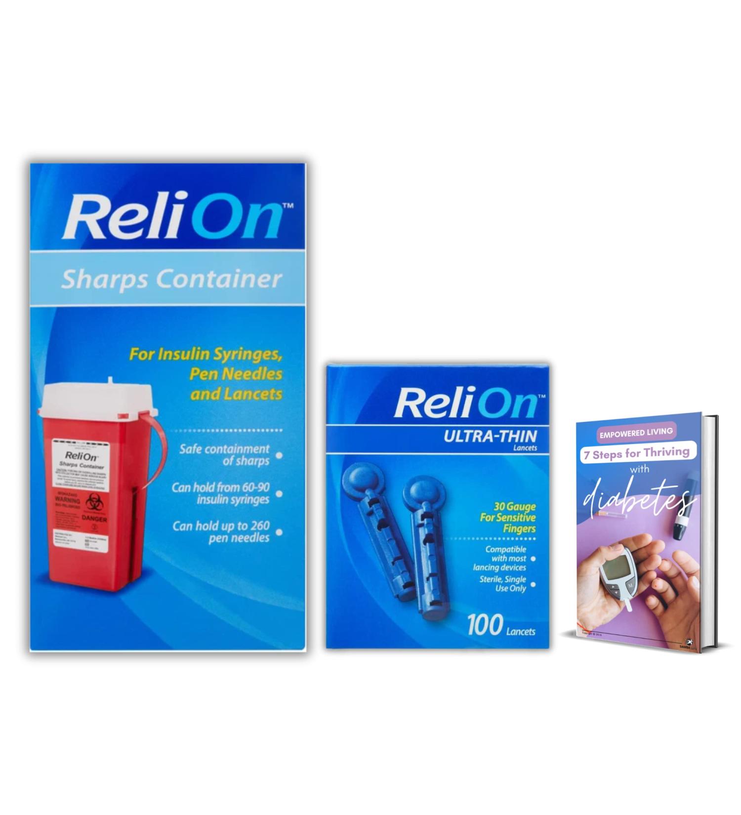 Sharps Disposal Container for Home Use 1.3 Quarts Bundle with ReliOn Ultra-Thin Blood Lancets 30 Gauge for Sensitive Fingers 100ct and eBook eBook 7 Steps to Thrive with Diabetes by Samba Life - Buy Online on GoSupps.com