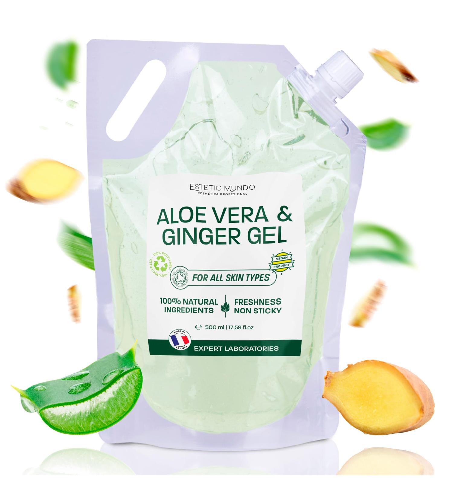 Made in France Aloe Vera & Ginger Gel Moisturizing Refreshing and Firming With Fresh Organic Aloe Leaves Spain For Face Body & Hair After Sun Shaving Tired Legs 500 ml - Buy Online on GoSupps.com