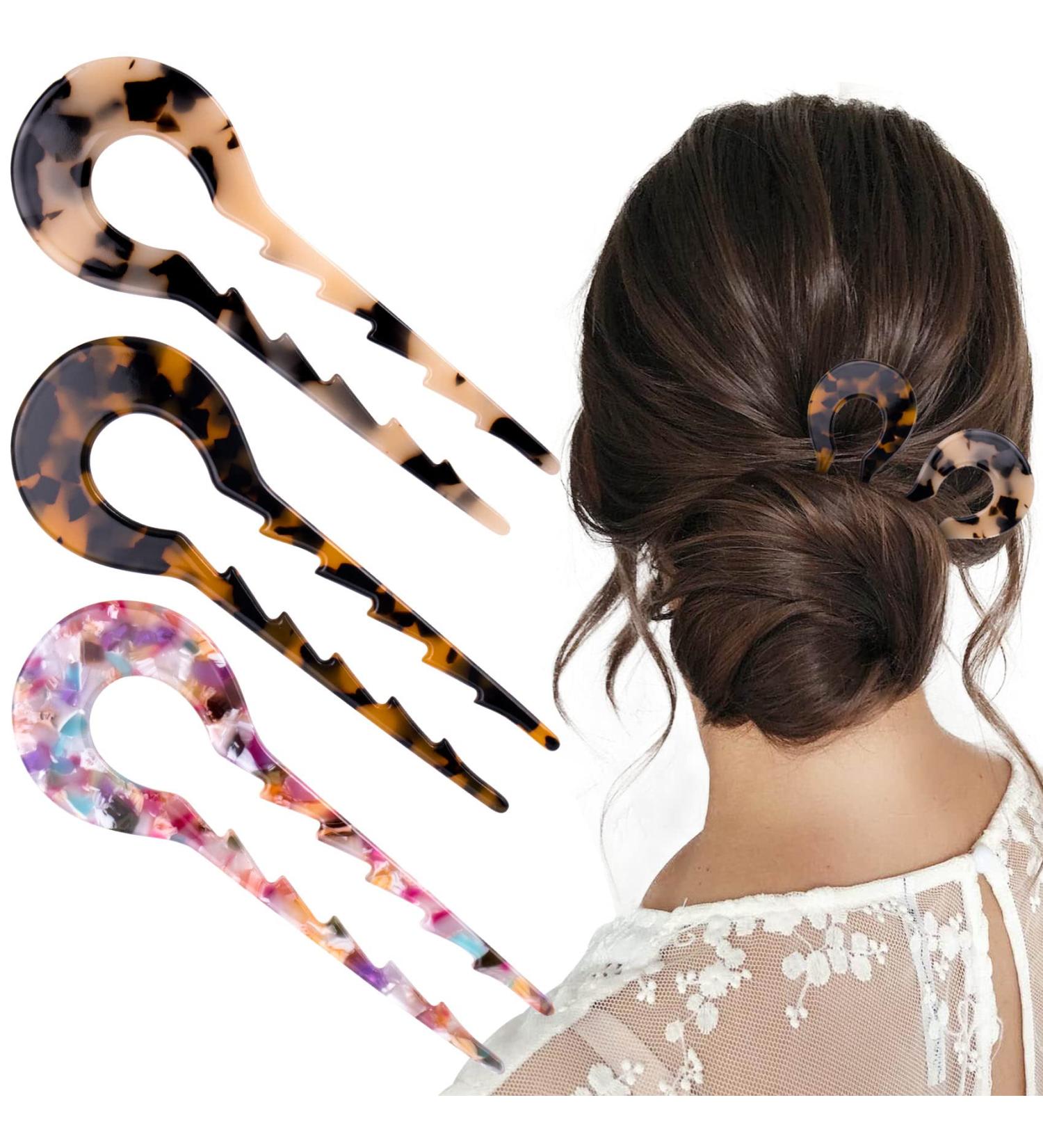 Vintage Cellulose Acetate French Hair Sticks Set - 3 PCS U Shape Hair Clips for Women and Girls with Long Thick Hair (Sawtooth Design) - Buy Online on GoSupps.com