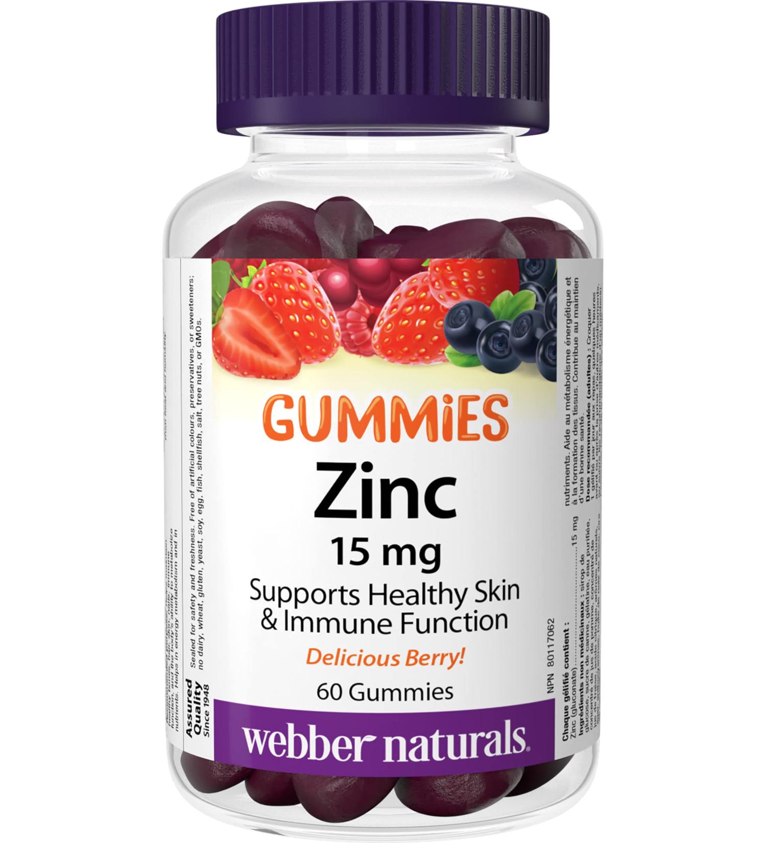 Webber Naturals Zinc Gluconate Gummy 15 mg 60 Gummies For Healthy Skin and Immune Support - Buy Online on GoSupps.com