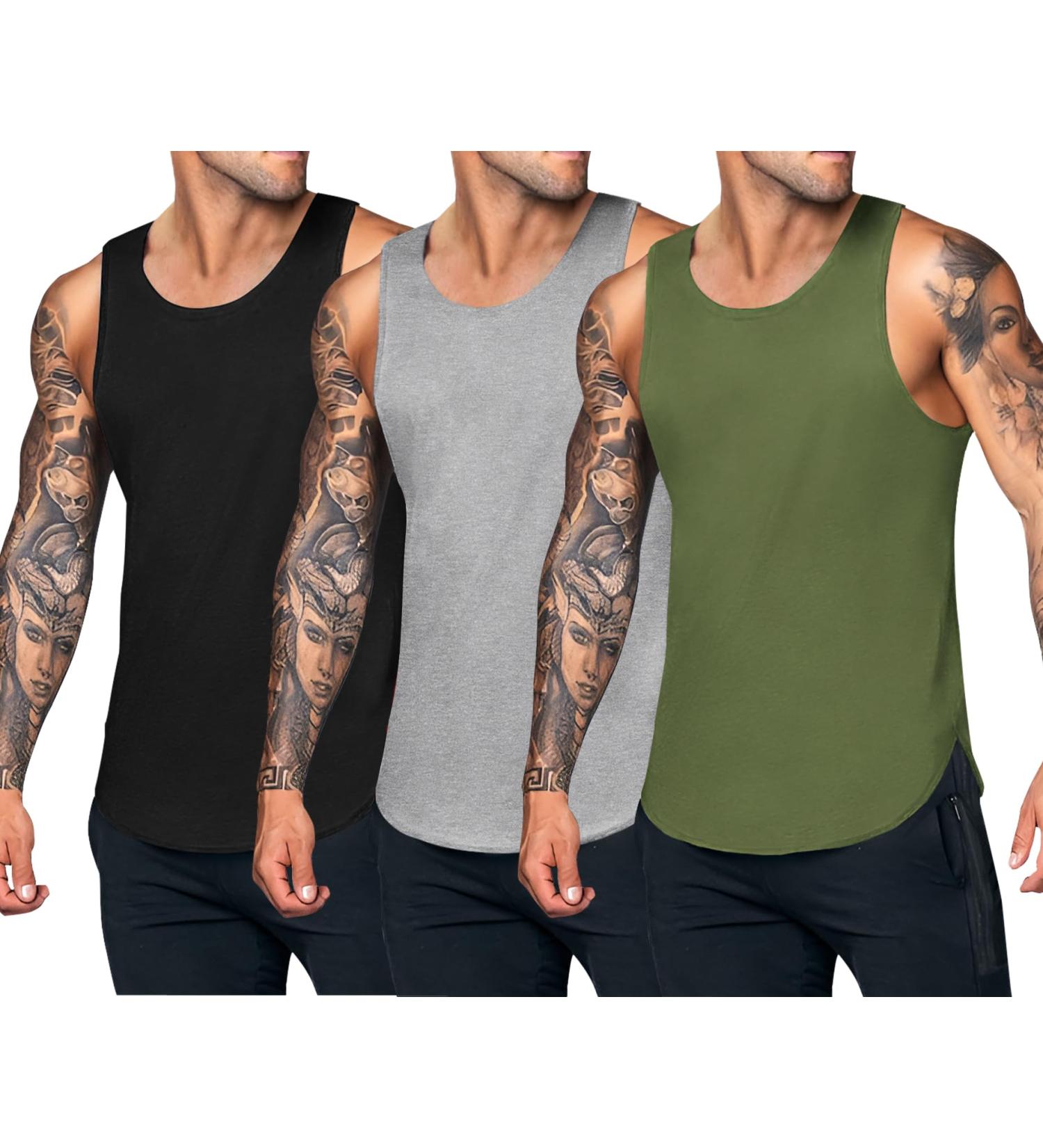 Coofandy Men's 3 Pack Tank Tops - Fitness Workout Shirts in Black Gray & Army Green - Slim Fit Summer Undershirts for Training & Running - Buy Online on GoSupps.com