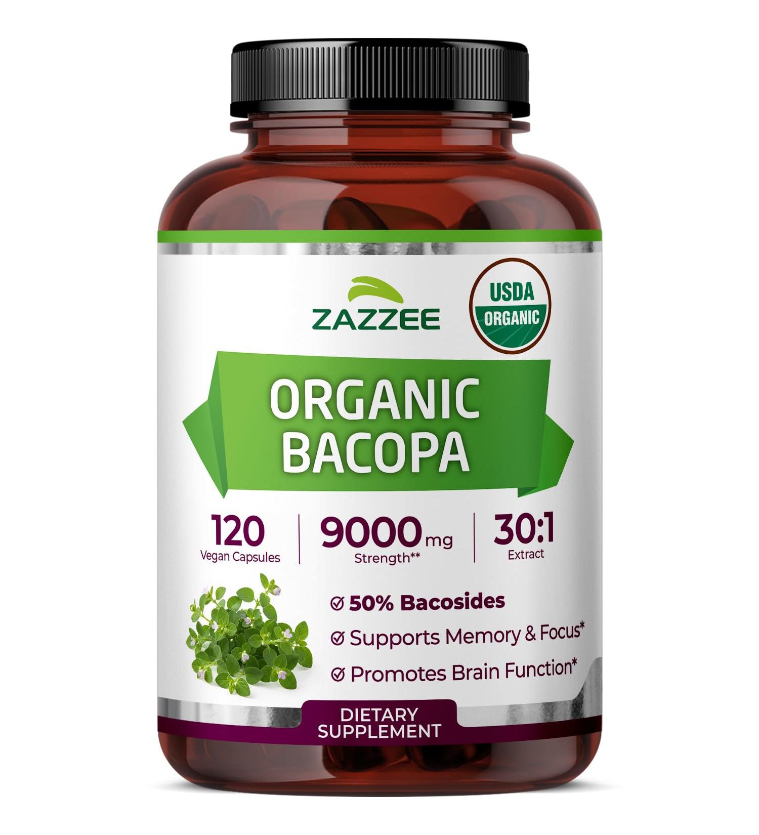 Zazzee USDA Organic Bacopa 30:1 Extract 9000 mg Strength Standardized to 50% Bacosides 120 Vegan Capsules 30X Potency Cognitive and Memory Support Non-GMO All-Natural Made in The USA - Buy Online on GoSupps.com