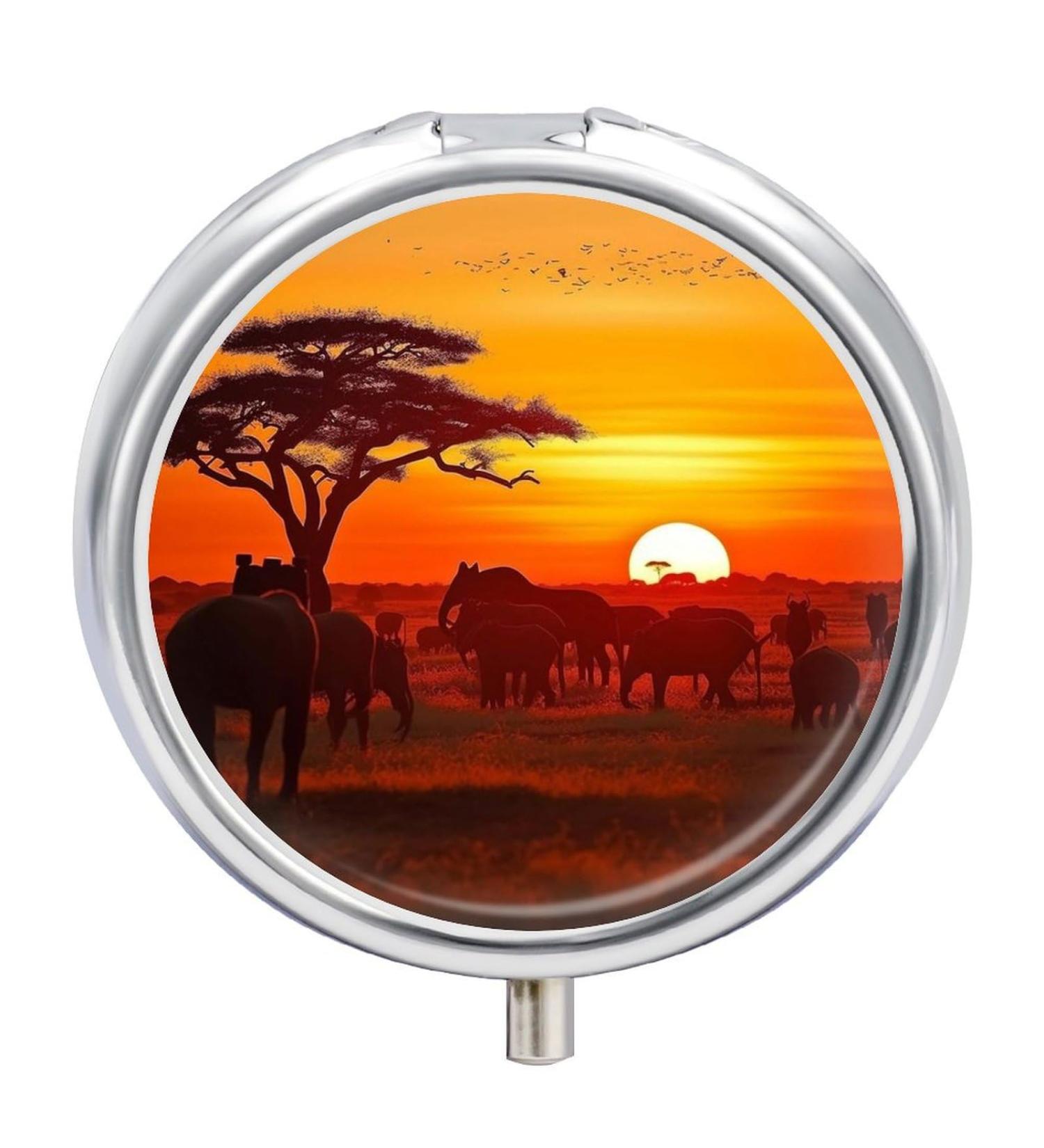 Round Pill Box with African Animal Sunset Print | 3 Compartment Decorative Metal Pill Organizer | Portable & Stylish Pocket Pill Case - Buy Online on GoSupps.com