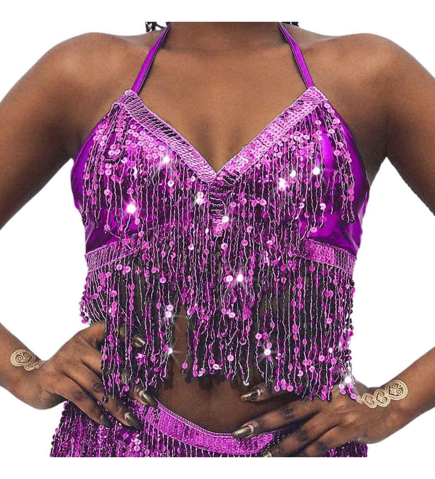 TWINKLEDE Purple Sequin Tassel Belly Dance Halter Bra Top - Women's Backless Crop Vest - Buy Online on GoSupps.com