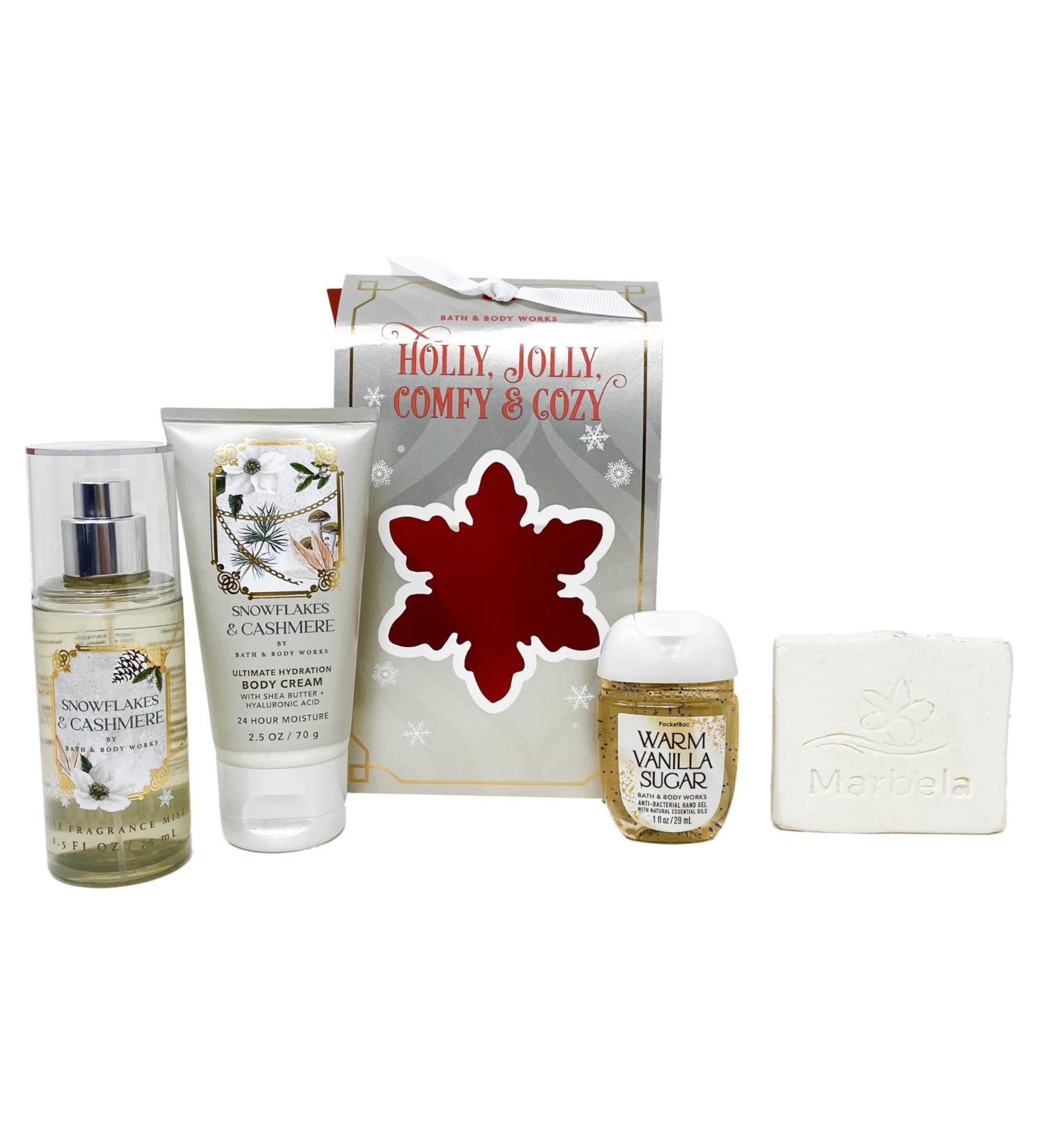 Bath & Body Works Holly Jolly Comfy & Cozy - Mini Gift Box Set - Snowflakes & Cashmere Fine Fragrance Mist Body Cream and Warm Vanilla Sugar Pocket Hand Gel With a Natural Oats Sample Soap. white - Buy Online on GoSupps.com
