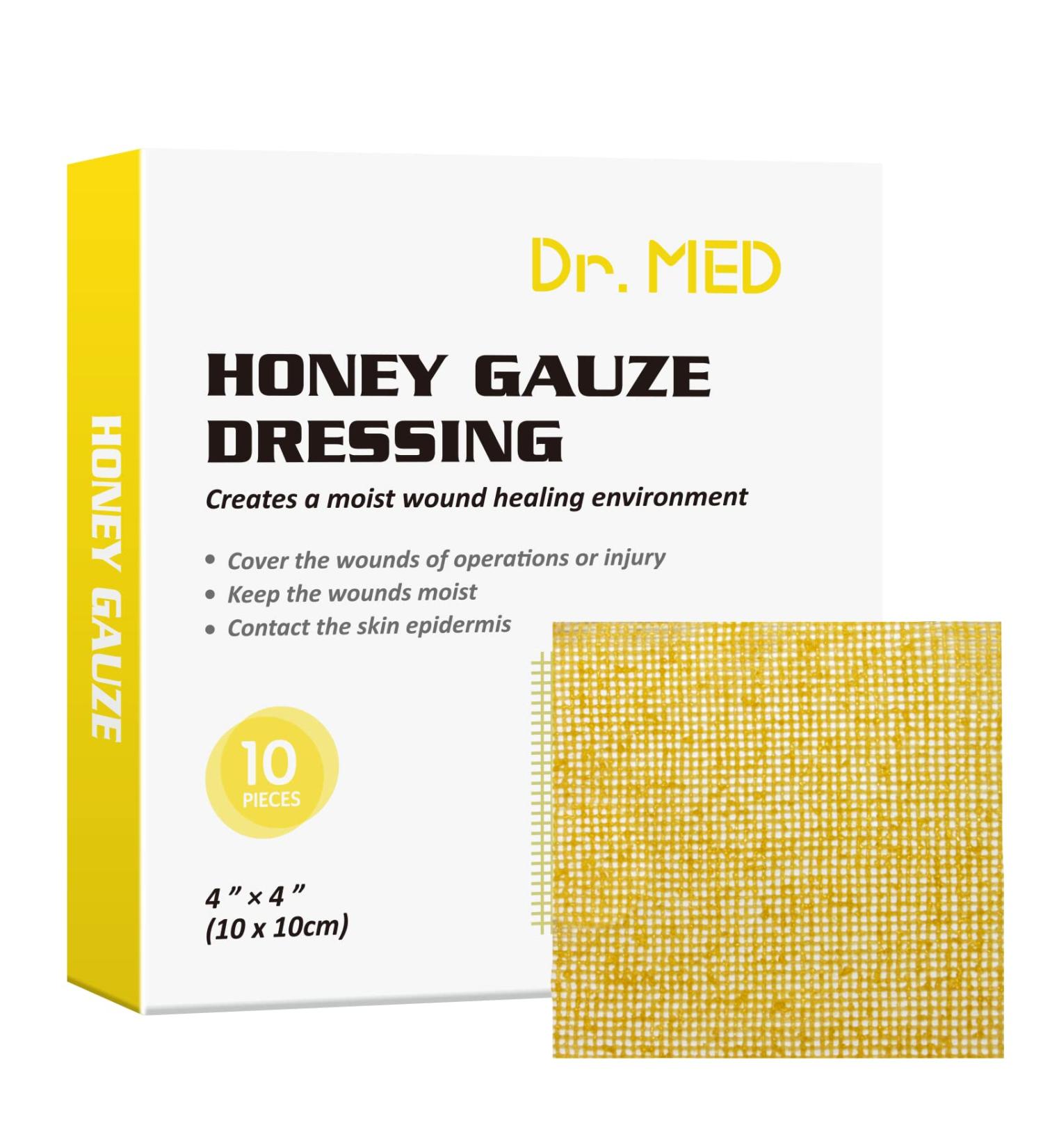 Dr. Med Manuka Honey Gauze Dressing 4x4 - 10 PCS | Medical Bandage for Wound Healing, Minor Abrasions, Cuts, Burns | Chemical and Drug Free - Buy Online on GoSupps.com